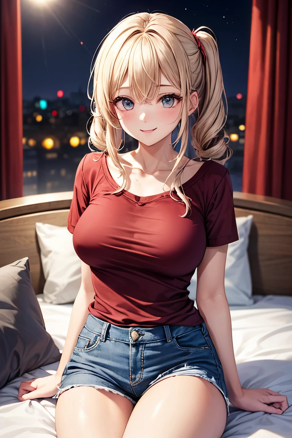 1 girl、whole body、midnight、Underwear on bed、(random hairstyles:1.2)、super detailed face、Details、double eyelids、(casual hairstyles、big breasts:1.2)、soft chest、blonde、smile