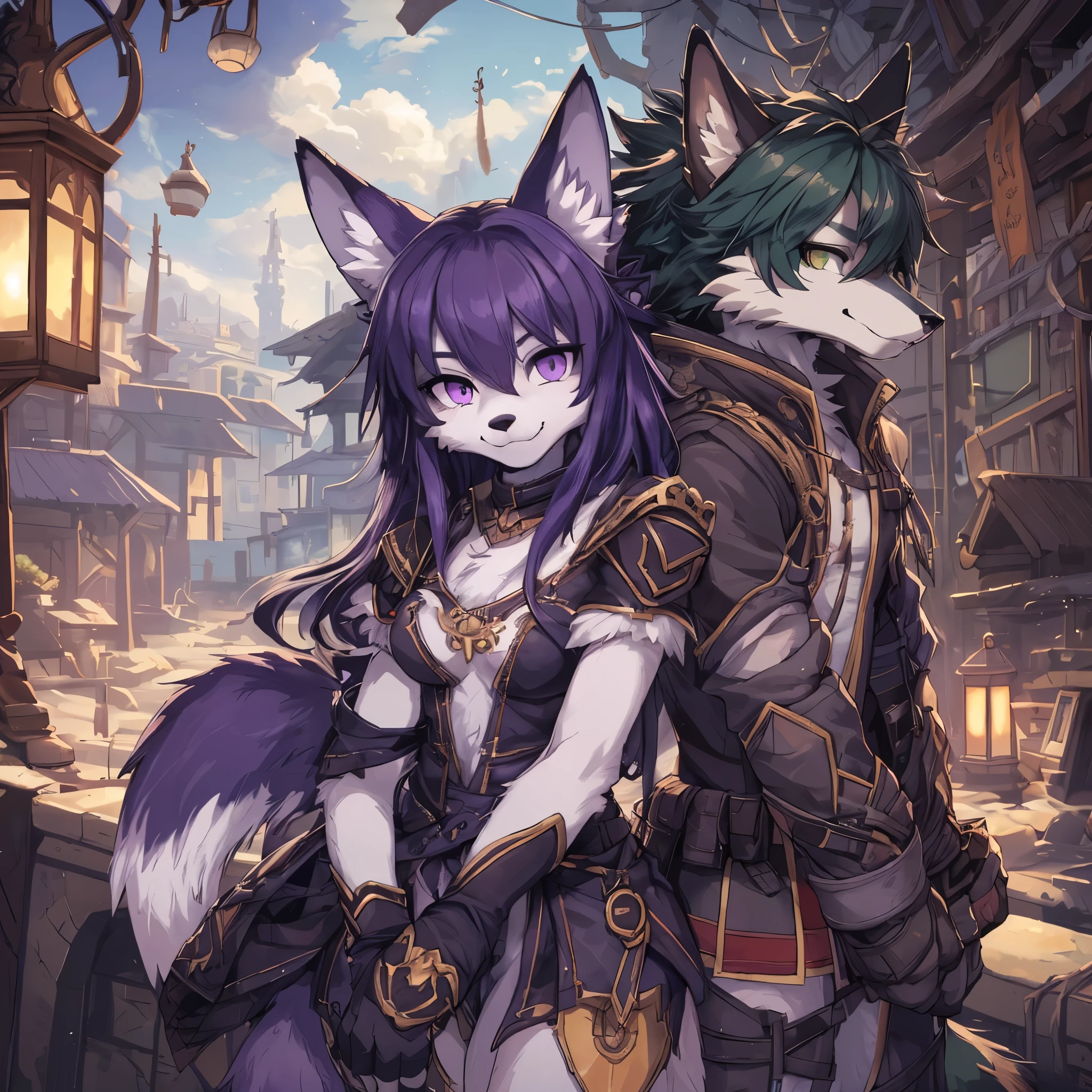 (Furry wolf boy), (Furry Fox girl), (wolf boy white fur green eyes no smile ), (fox girl purple fur purple eyes big boob), wolf boy dark green hair, fox girl dark purple hair, highly detailed, (masterpiece:1.3),(best quality:1.4), (extreme detailed illustration), good anatomy, (detailed CG), (duo), 2 arms, 2 legs, 1 head, anthro,