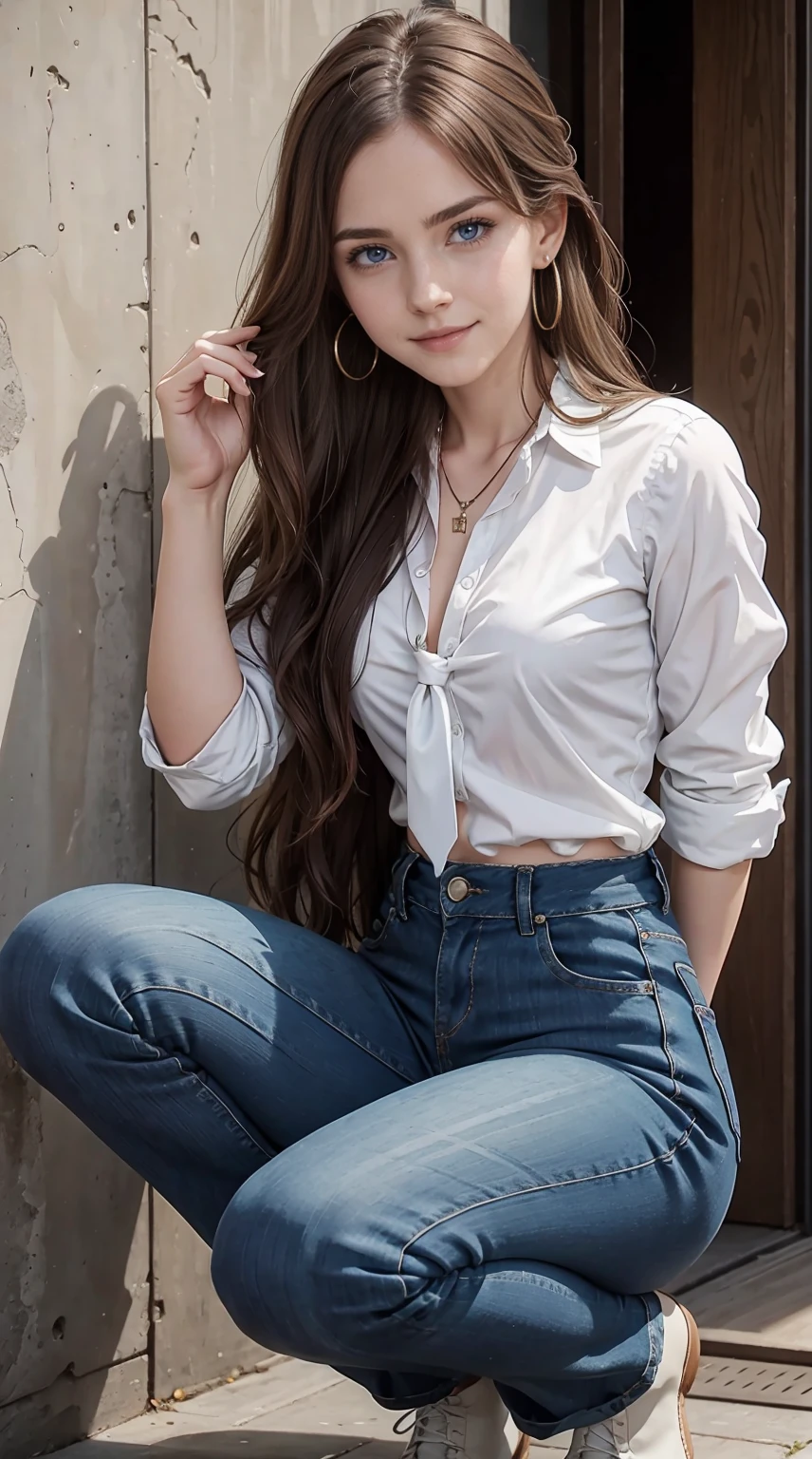 22 year old white female、Hair color is brunette、blue eyes、long hair、The ends of the hair are wavy、setting hair、accessories on wrist、wearing a necklace、has earrings、skin is smooth、Slender but muscular body、smile、wearing a tie front shirt、wearing skinny jeans、smile、I&#39;m wearing short boots、squatting with your back against the wall