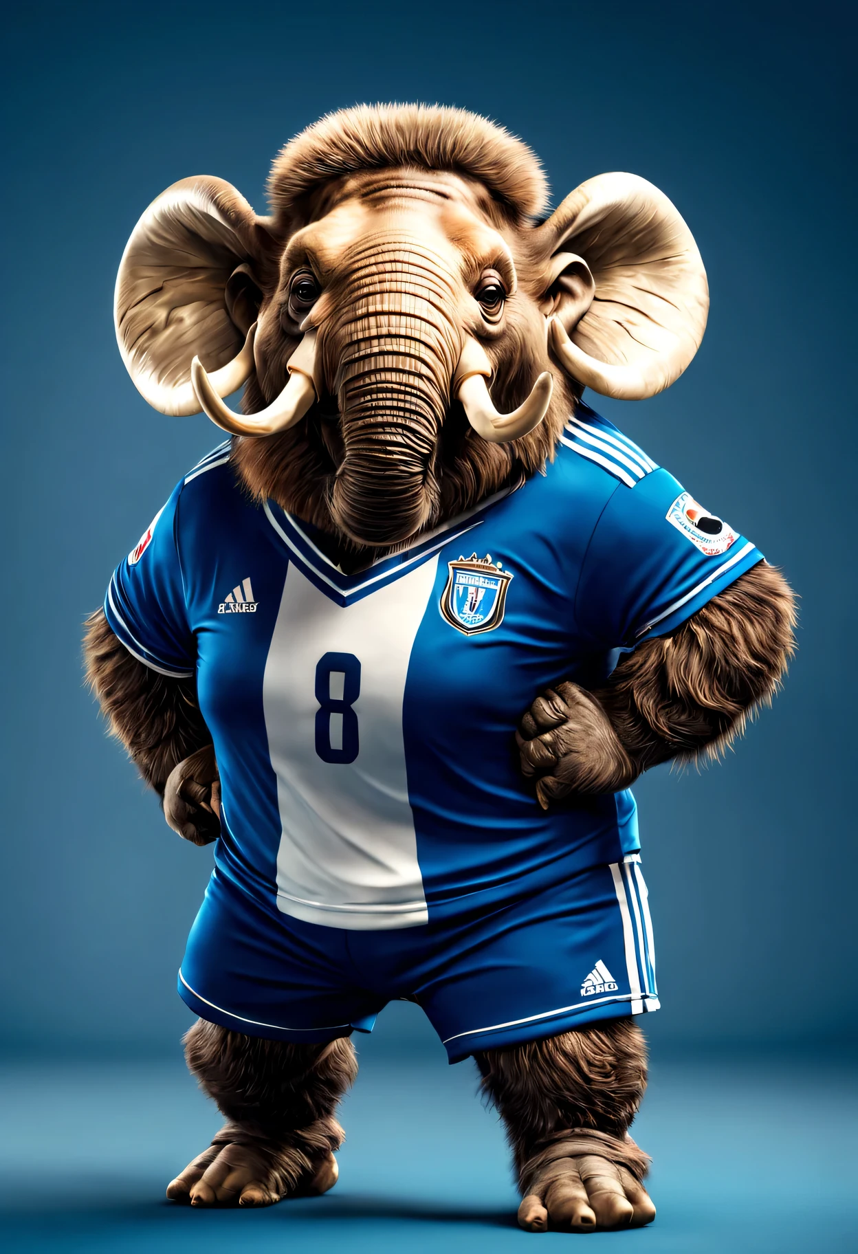 photorealistic portrait of Dressed animals - a fat mammoth soccer player,( dynamic action pose), high quality,(lovely) ,intricate details, highly detailed ((soccer uniform)) ,highly detailed, wearing sunglasses, (happy), studio lighting,(full body image:1.5)