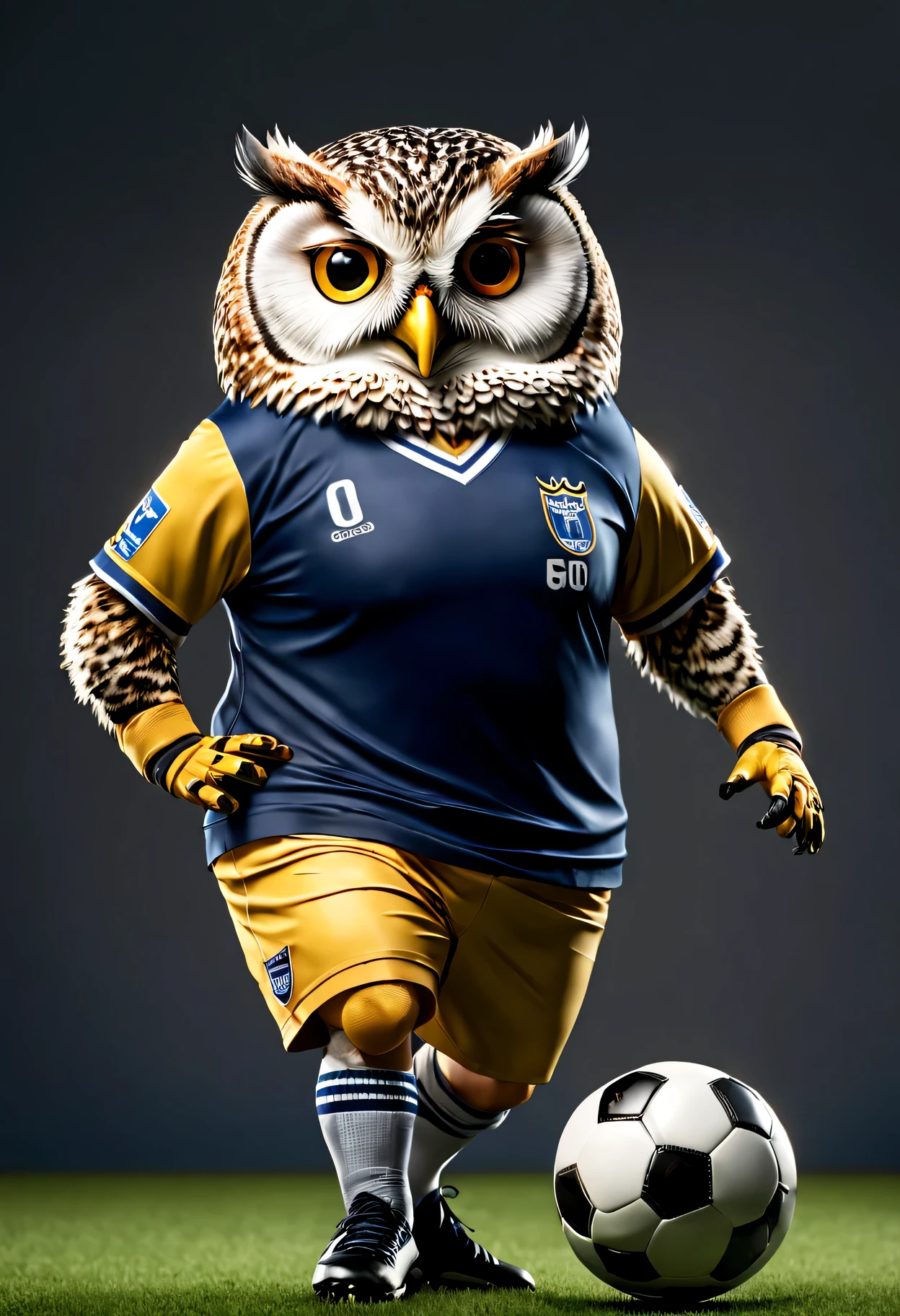 photorealistic portrait of Dressed animals - a fat owl soccer player,( dynamic action pose), high quality,(lovely) ,intricate details, highly detailed ((soccer uniform)) ,highly detailed, wearing sunglasses, (happy), studio lighting,(full body image:1.5)
