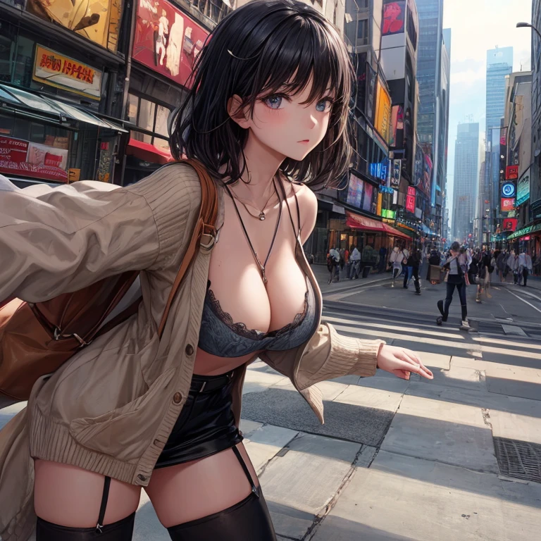 8K, ultra high resolution, highest quality, masterpiece、knit sweater、big breasts、Black haired beauty、Japanese、blush、whole body、Flashy clothes、bold pose、in the city、No sleeve