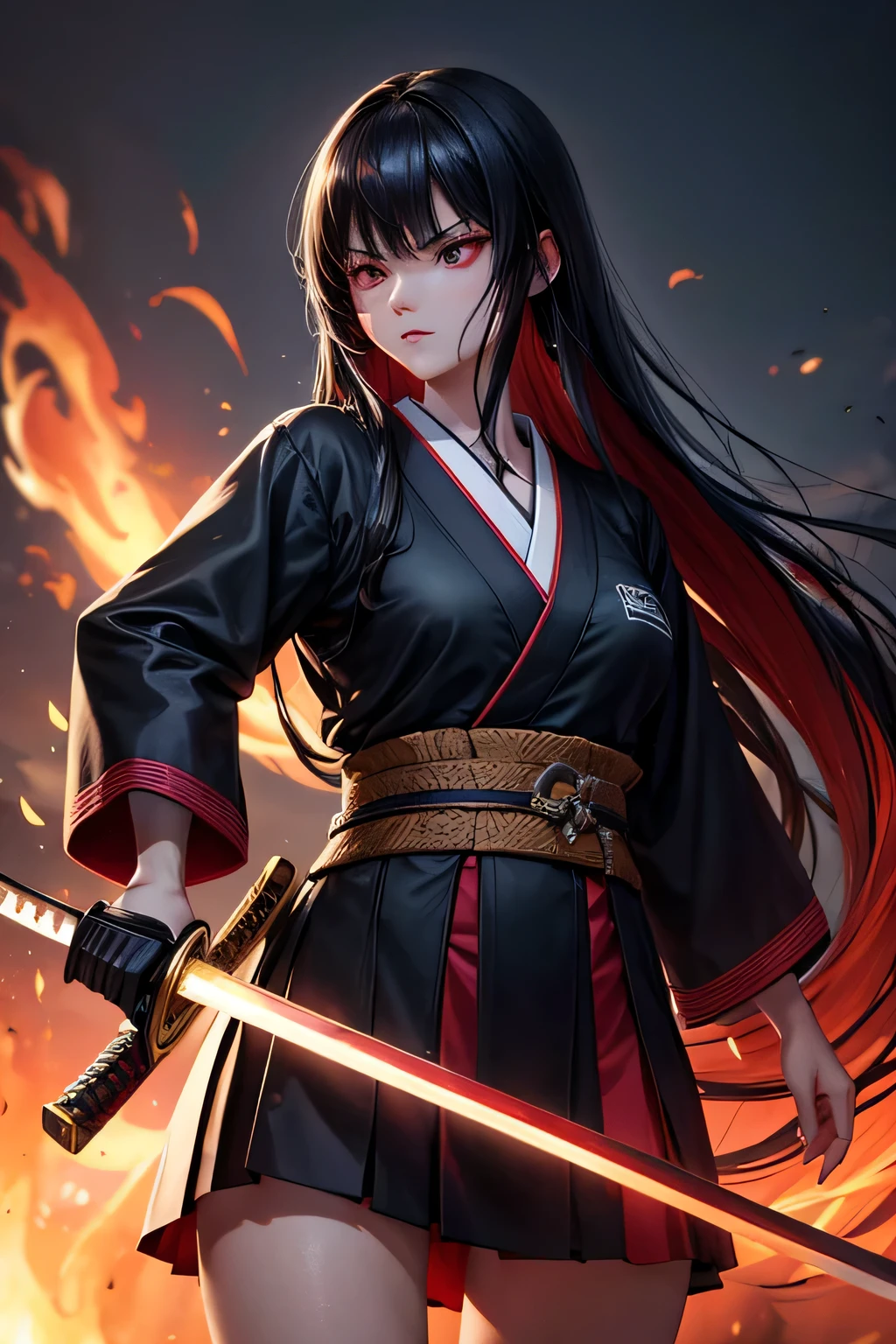 1girl, japanese schoolgirl, she has straight long black hair, red eyes and and evil determined look. She wears a black and red modern japanese school uniform and a long black coat. Walking down the street. Holding a katana in the hand. The katana is covered by flames. vibrant appearance, creative behavior, imaginative, , spontaneous, , highest quality, skin texture, intricate details, (cinematic lighting), RAW photo, 8k, masterpiece,best quality,ultra-detailed,very detailed illustrations,extremely detailed,intricate details,highres,super complex details,extremely detailed 8k cg wallpaper