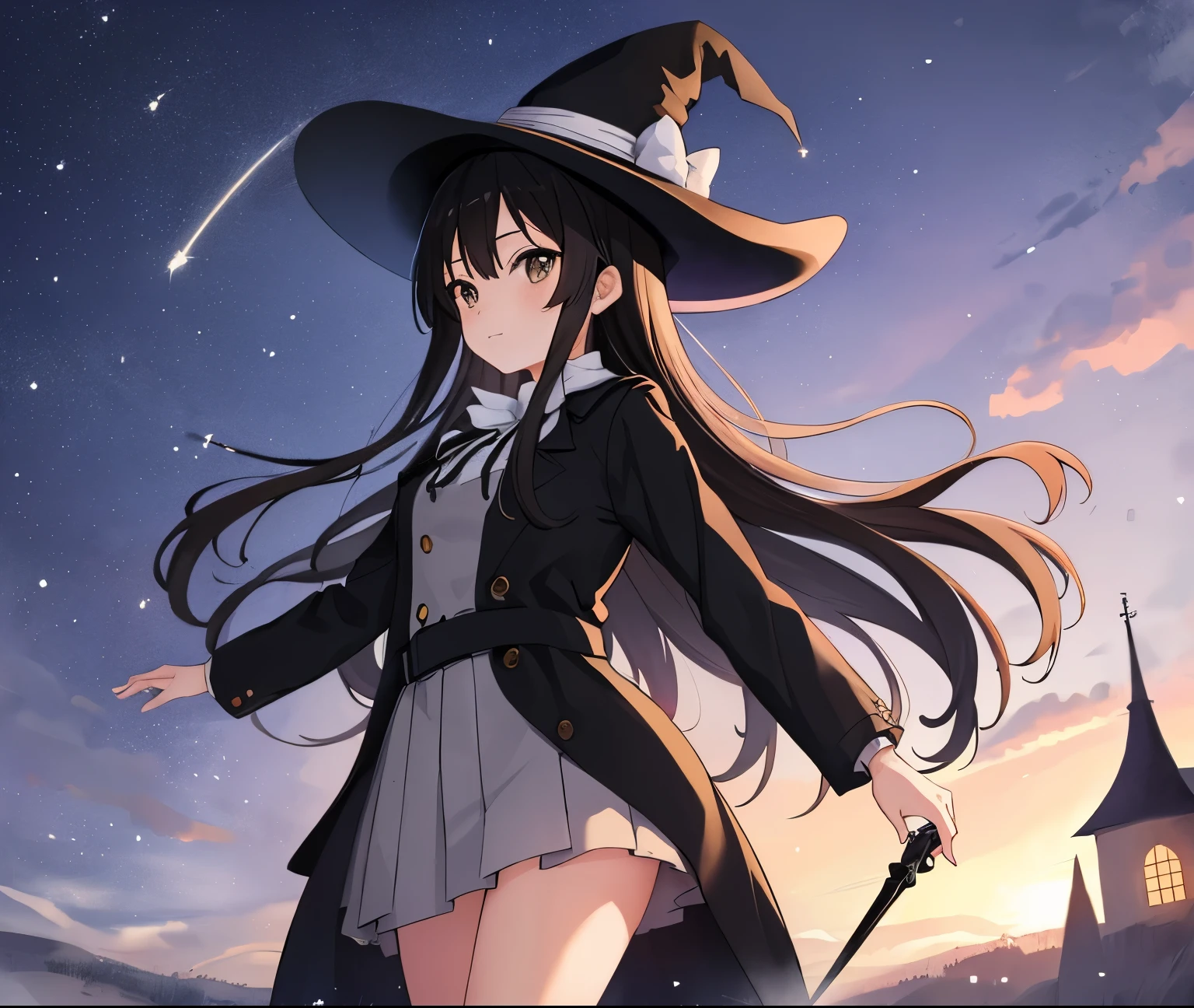 ((masterpiece)), (high details), (high quality), (best quality), (highres),1 girl, anime moe artstyle, anime best girl, in the anime film, K-On!,Akiyama Mio, black hair ,long hair, (grey eyes), ((holding staff)), (magician witch),((wear black coat)),hat,anime countryside landscape background,beautiful anime scenery,galaxy sky,(evening time),cowboy shot, from below, Nikon filter