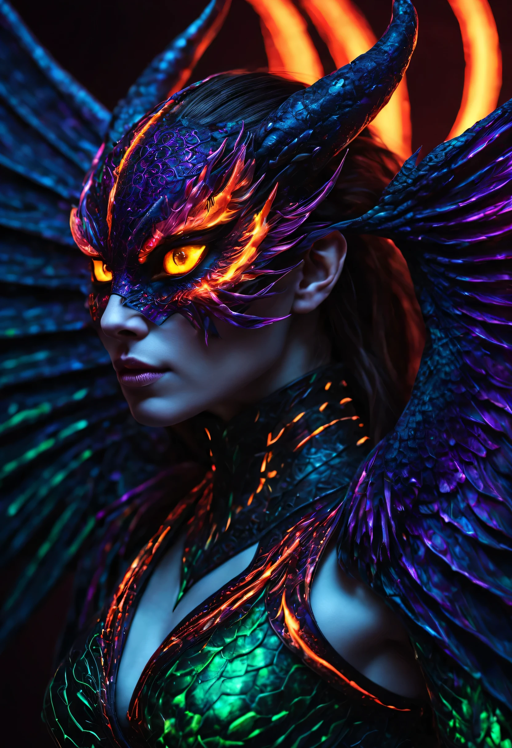 masterpiece, best quality :1.3), Super detailed, complex, 8k, human development report, wallpaper, dynamic action, Colorful color scheme, ((Upper body close-up, Side shot, looking into camera)), dragon girl, (detailed red eyes, face covered in scales, jagged mouth), dead scales, Black, purple, fluorescent green, Ominous light, luminescent, ghostly fire eyes, wing pattern reminds of interlocking computer code, Bone fragments protrude from wings, Spooky aura, luminescent runes, sharp claws, spectral hue, Drifting light, mysterious creature, Long Er