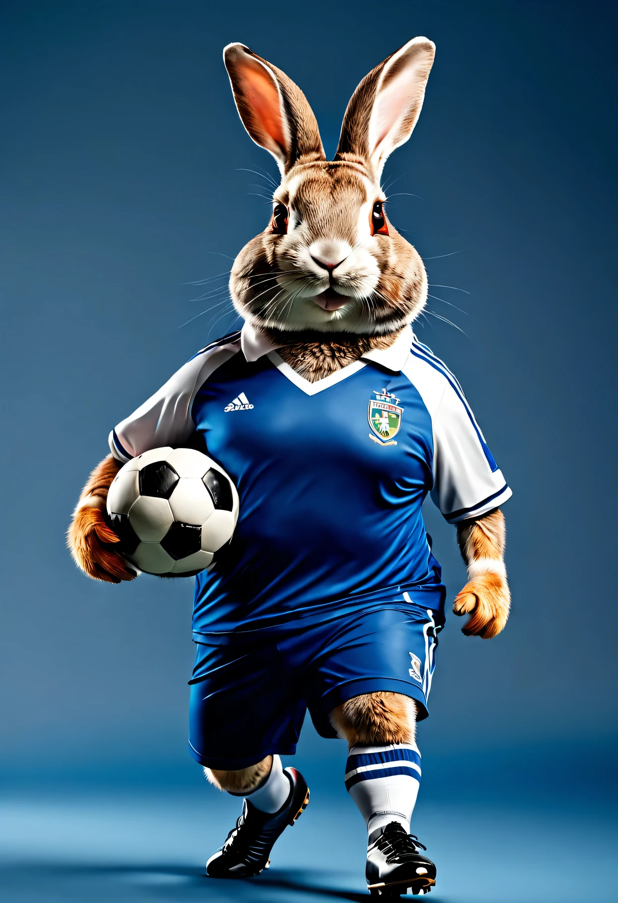 photorealistic portrait of Dressed animals - a fat rabbit soccer player,( dynamic action pose), high quality,(lovely) ,intricate details, highly detailed ((soccer uniform)) ,highly detailed, wearing sunglasses, (happy), studio lighting,(full body image:1.5)