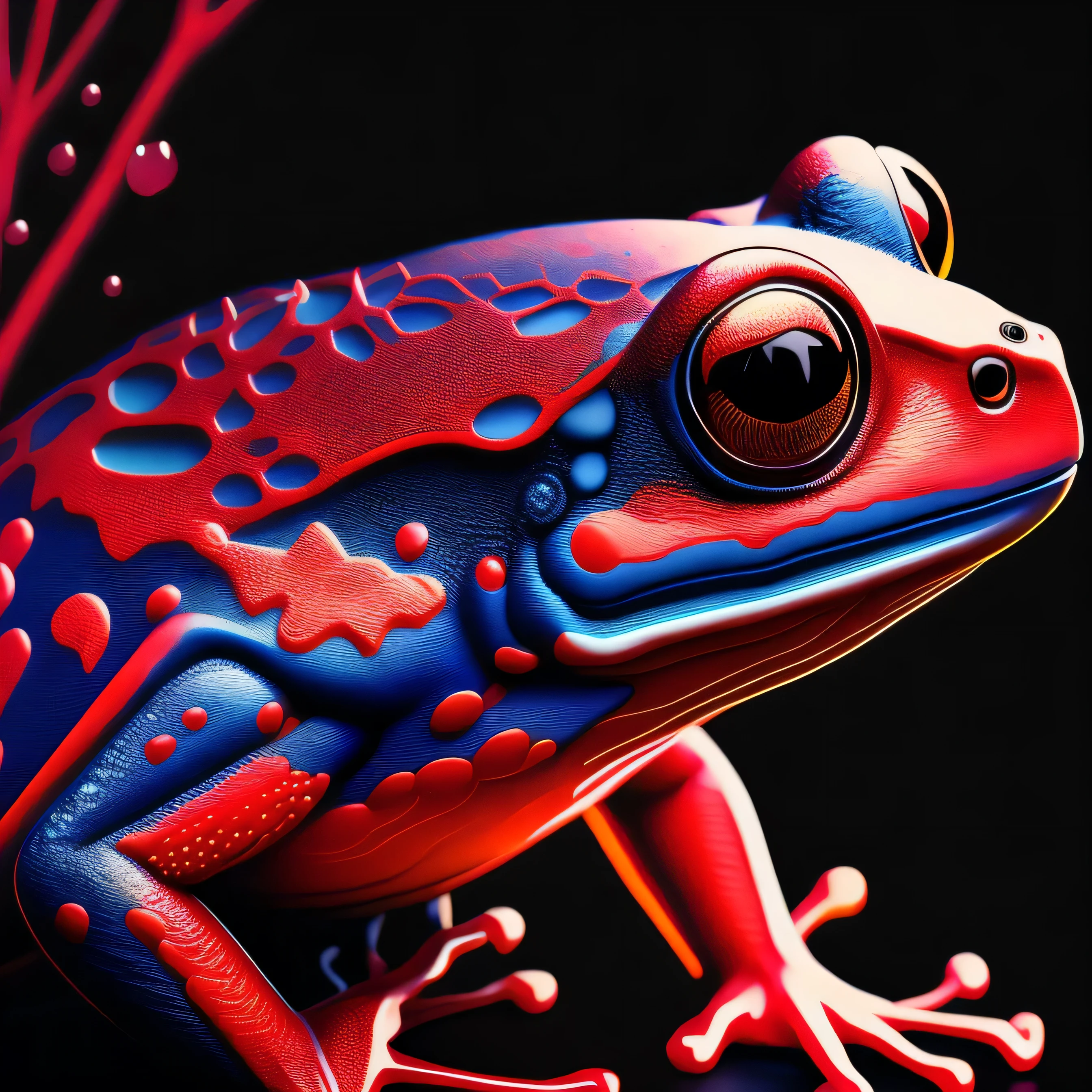 intricate and colorful, (digital painting:1.2) red tree frog, bright neon skin, wet, portrait, concept art, octane render, trending on artstation, neon-noir background, iolibt, vfx, Blender and Photoshop, octane render, excellent composition, cinematic atmosphere, dynamic dramatic cinematic lighting, aesthetic, very inspirational, arthouse,(dark plain black background:1.4))