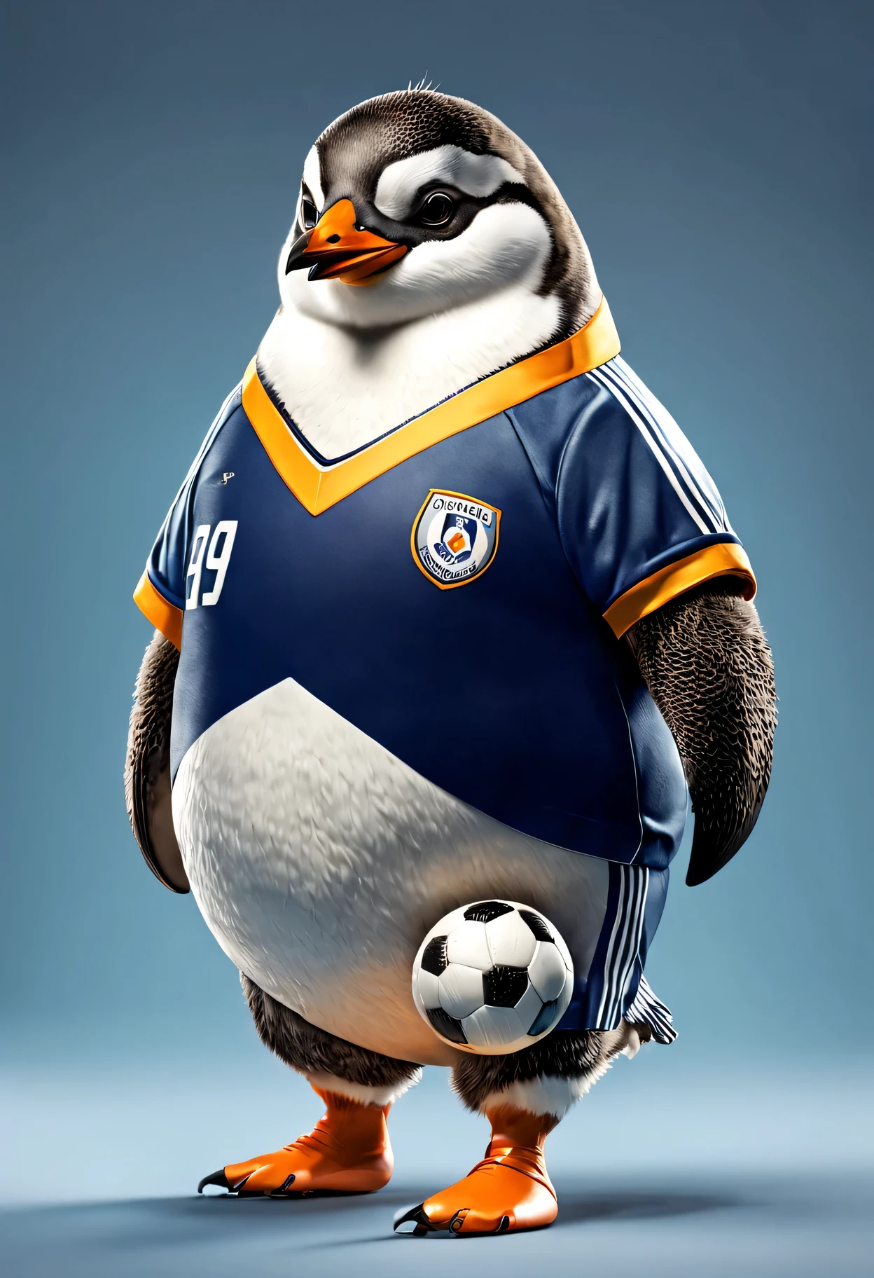 photorealistic portrait of Dressed animals - a fat penguin soccer player,( dynamic action pose), high quality,(lovely) ,intricate details, highly detailed ((soccer uniform)) ,highly detailed, wearing sunglasses, (happy), studio lighting,(full body image:1.5)
