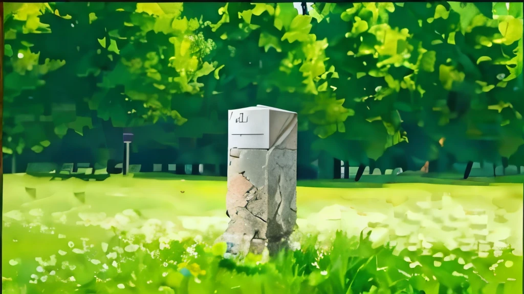 The ground around the monument is visible The stone at the top of the monument is cracked and broken due to aging.