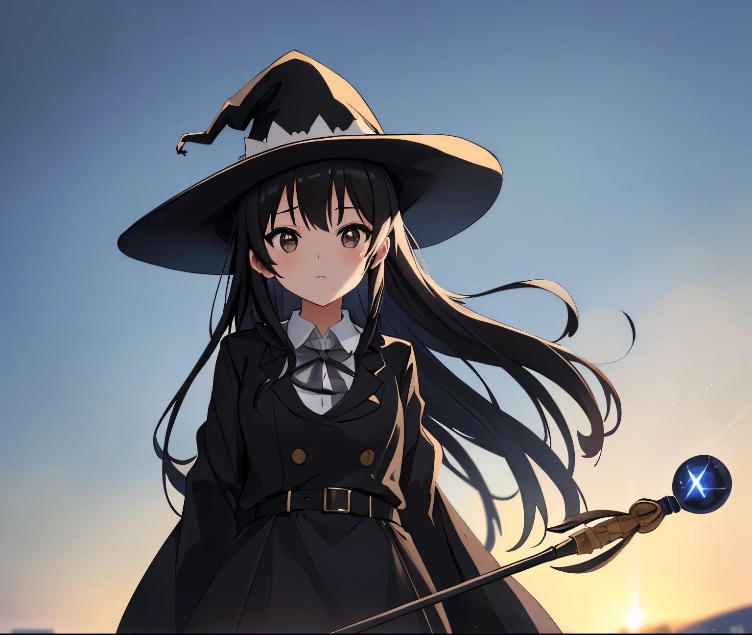 ((masterpiece)), (high details), (high quality), (best quality), (highres),eyes detail,1 girl, anime moe artstyle, anime best girl, in the anime film, K-On!,Akiyama Mio, black hair ,long hair, (grey eyes), ((holding staff)), (magician witch),((wear black coat)),hat,anime countryside landscape background,beautiful anime scenery,galaxy sky,(evening time),cowboy shot, from below, Nikon filter