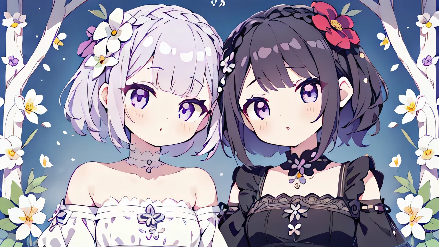 2 girls、black dress、Chiquita、There is a small one、pale mauve hair、Mauve eyes、White eyelashes、short hair、Purple flower hair ornament、be quiet、whitening、Flower garden in the background