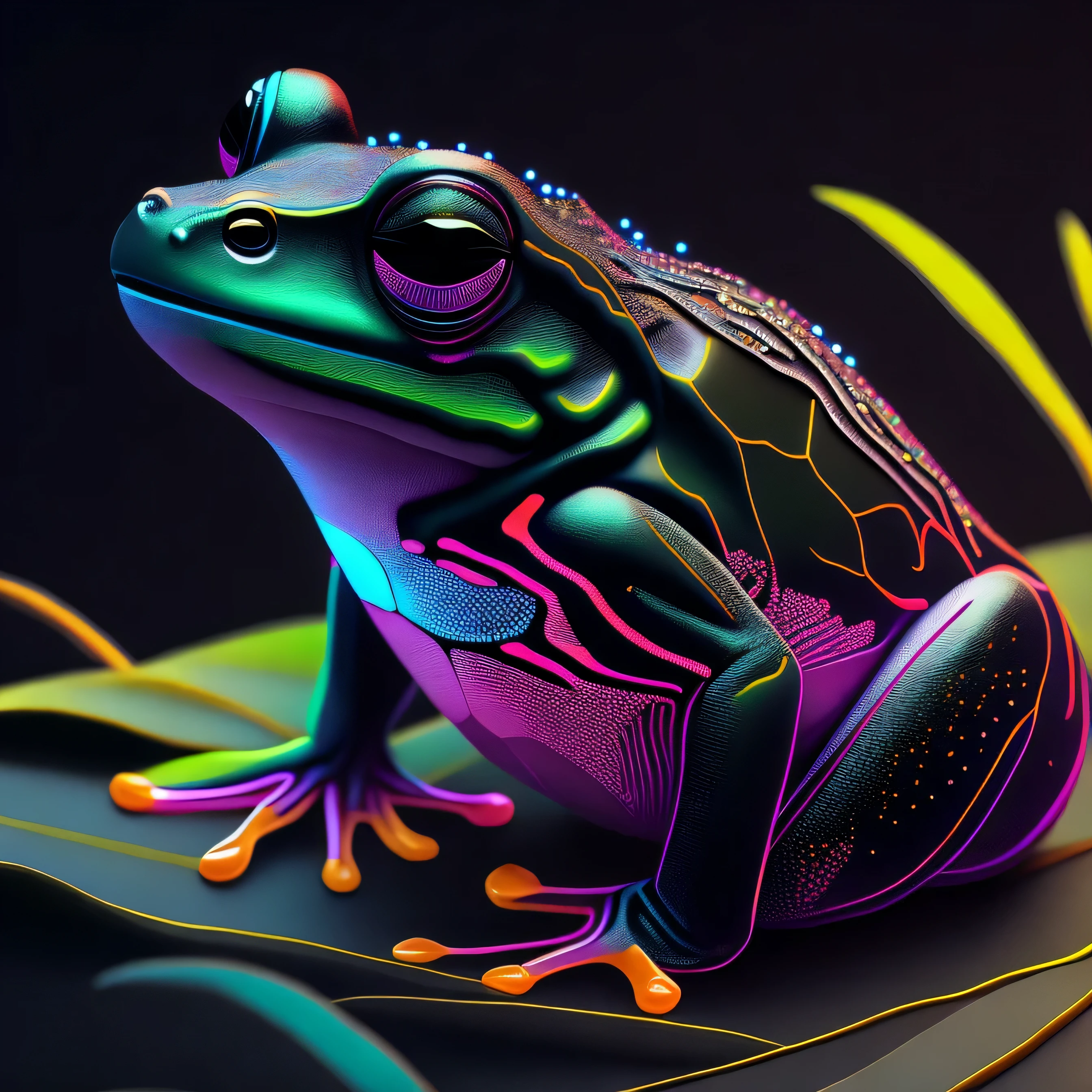 intricate and colorful, (digital painting:1.2) black tree frog, bright neon skin, wet, portrait, concept art, octane render, trending on artstation, neon-noir background, iolibt, vfx, Blender and Photoshop, octane render, excellent composition, cinematic atmosphere, dynamic dramatic cinematic lighting, aesthetic, very inspirational, arthouse,(dark plain black background:1.4))