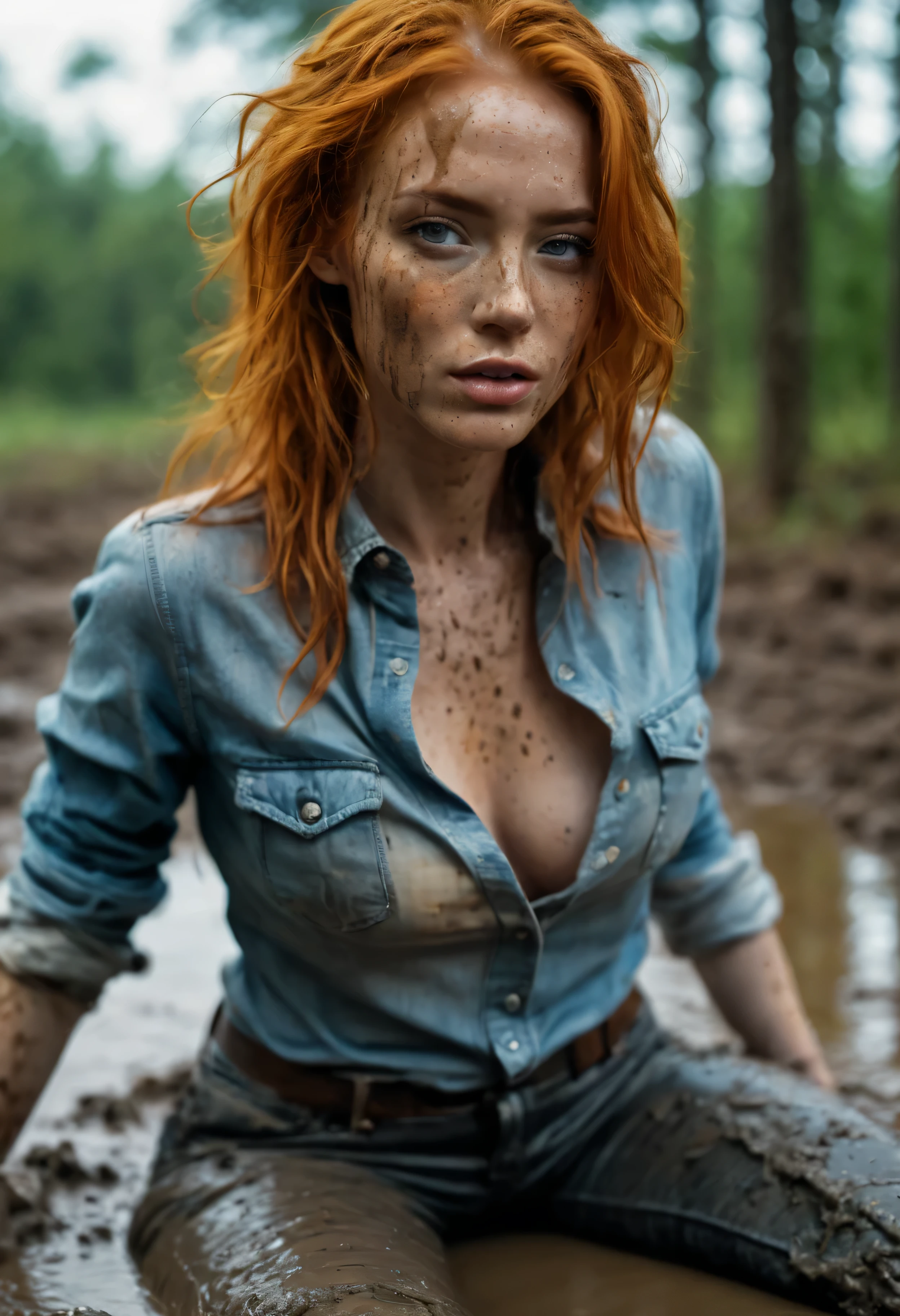 photograph of orange-haired hot woman in jeans and blouse, indulging in shameful fetish with desperation and ecstasy,standing+(sexy strip-teasing:1.0) in mud bath, full body, stoic cinematic 4k epic detailed 4k epic detailed photograph shot detailed bokeh cinematic, detailed face with freckles, natural skin texture, forest bog