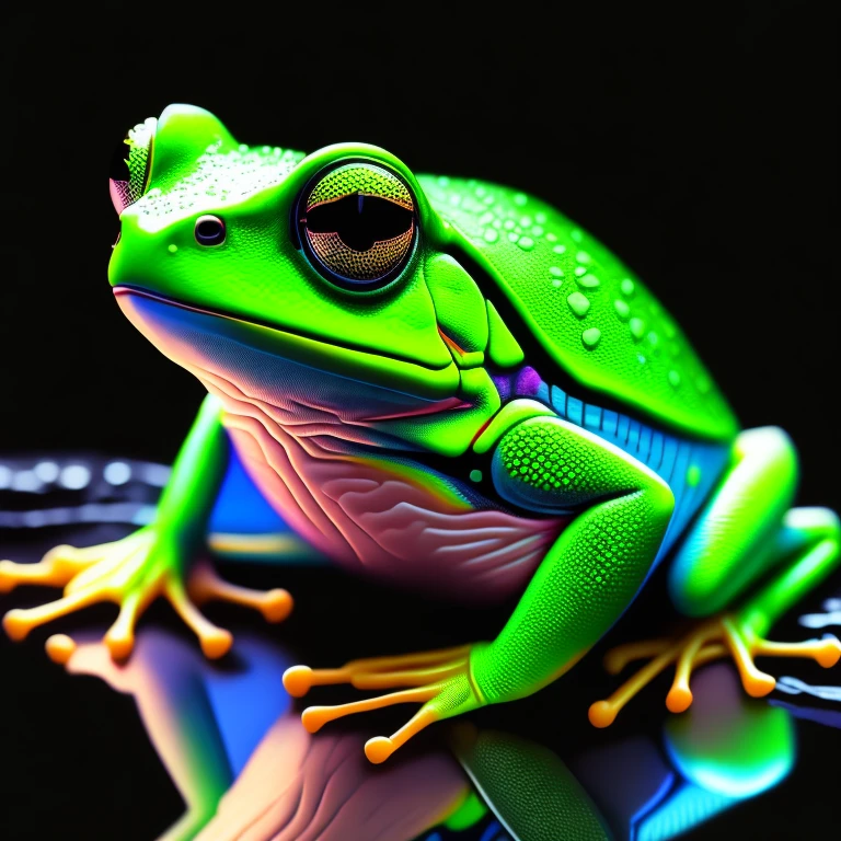 intricate and colorful, (digital painting:1.2) green tree frog, bright neon skin, wet, portrait, concept art, octane render, trending on artstation, neon-noir background, iolibt, vfx, Blender and Photoshop, octane render, excellent composition, cinematic atmosphere, dynamic dramatic cinematic lighting, aesthetic, very inspirational, arthouse,(dark plain black background:1.4))