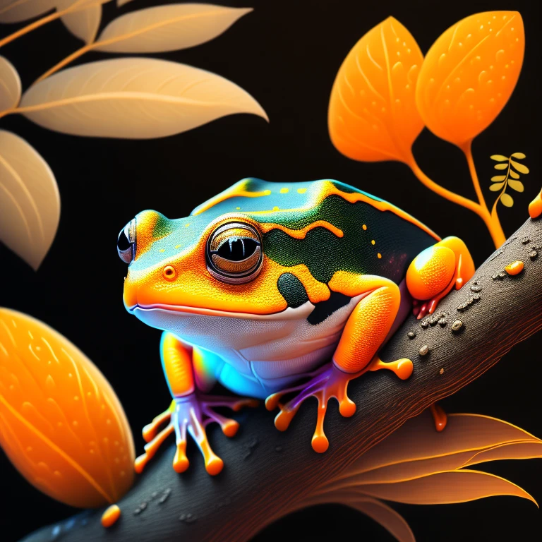 intricate and colorful, (digital painting:1.2) orange tree frog, bright neon skin, wet, portrait, concept art, octane render, trending on artstation, neon-noir background, iolibt, vfx, Blender and Photoshop, octane render, excellent composition, cinematic atmosphere, dynamic dramatic cinematic lighting, aesthetic, very inspirational, arthouse,(dark plain black background:1.4))