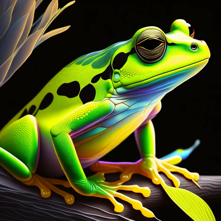 intricate and colorful, (digital painting:1.2) yellow tree frog, bright neon skin, wet, portrait, concept art, octane render, trending on artstation, neon-noir background, iolibt, vfx, Blender and Photoshop, octane render, excellent composition, cinematic atmosphere, dynamic dramatic cinematic lighting, aesthetic, very inspirational, arthouse,(dark plain black background:1.4))