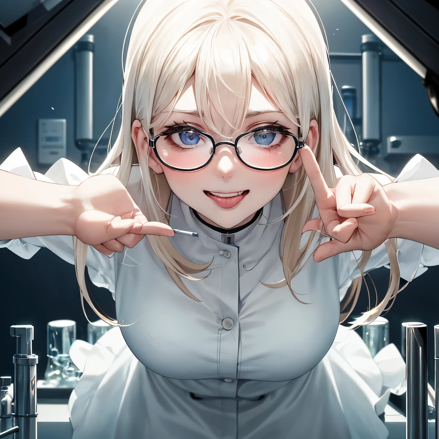 A young woman with white, porcelain skin crouches down in the midst of an upper-grade laboratory, her glasses perched upon her nose as she intently examines a beaker filled with a mystery substance. Her tongue tentatively sticks out, testing the air as she ponders the next steps in her experiment. Sudden excitement takes over as she makes a breakthrough, her mouth opens wide in a grin, displays a hint of drool, and her gaze fixates on the viewer, inviting us to join her in this thrilling discovery. Her sharpfocus glasses reflect the soft, white light of the laboratory, casting intriguing shadows on her determined face. Seemingly unfazed by the momentous feat