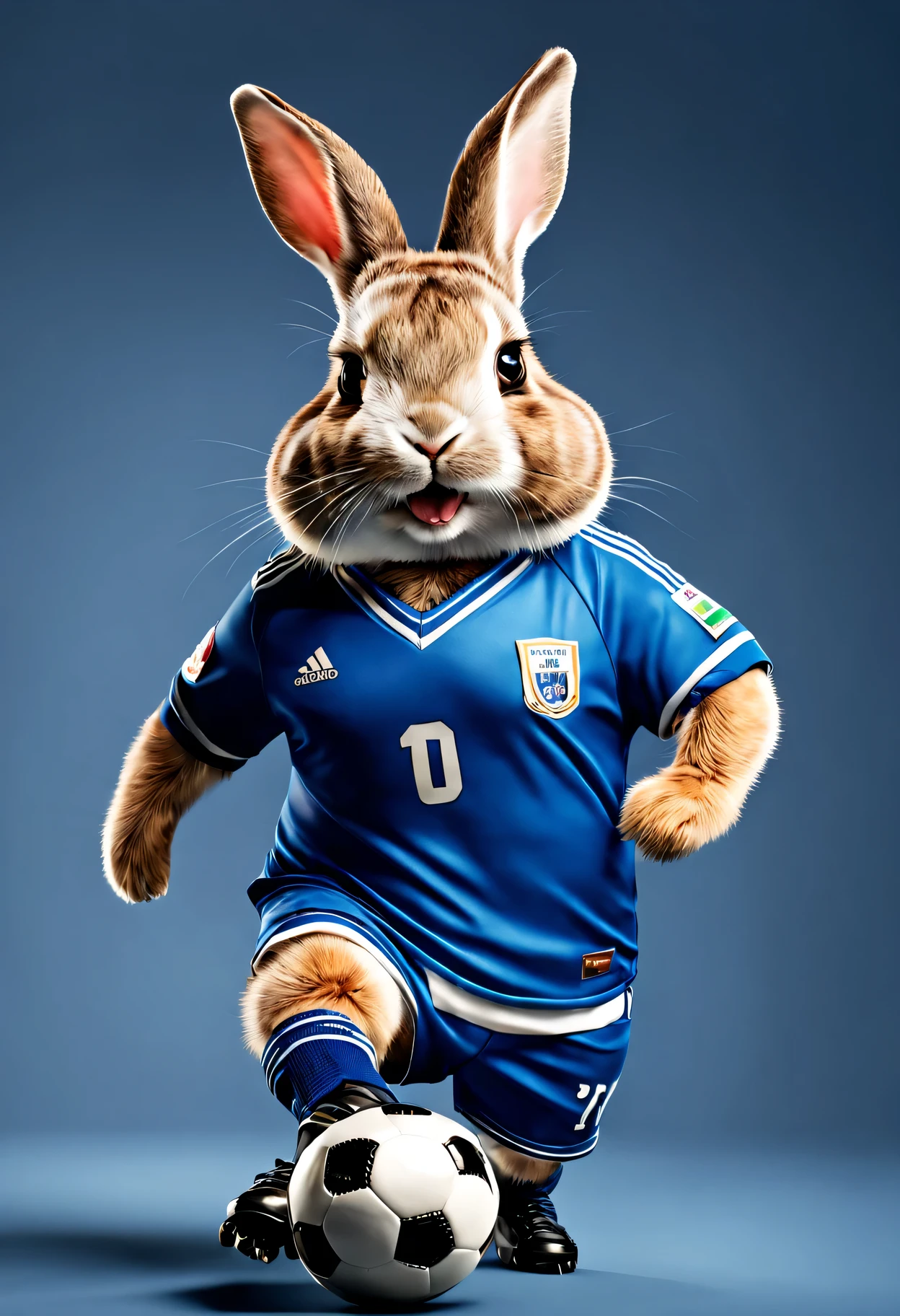 photorealistic portrait of Dressed animals - a fat rabbit soccer player,( dynamic action pose), high quality,(lovely) ,intricate details, highly detailed ((soccer uniform)) ,highly detailed, wearing sunglasses, (happy), studio lighting,(full body image:1.5)