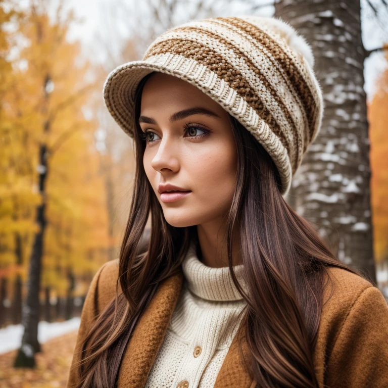 a close up of a person wearing a coat and a hat, a portrait, by maxim verehin, shutterstock, autumn tranquility, girl with brown hair, birch, knitted hat