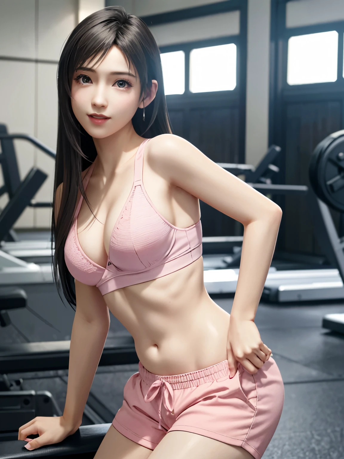 (top quality, masutepiece: 1.1), (Realistic: 1.3), BREAK (((FF7,Tifa_lockhart))),(solo,Tifa:1.2),(japanese ,pink short pants ,pink sport bra:1.2) ,(gym, indoor),(sexy pose:1.3),Ultra-detailed face, Detailed eyes,Red eyes, BREAK (((FF7,Tifa_lockhart))),(light brown hair, Large breasts: 1.0), BREAK (Small and beautiful hard nipple) About 18 years old,kawaii,happy smile:1.1,zettai_ryouiki:1.1,flying sweatdrops