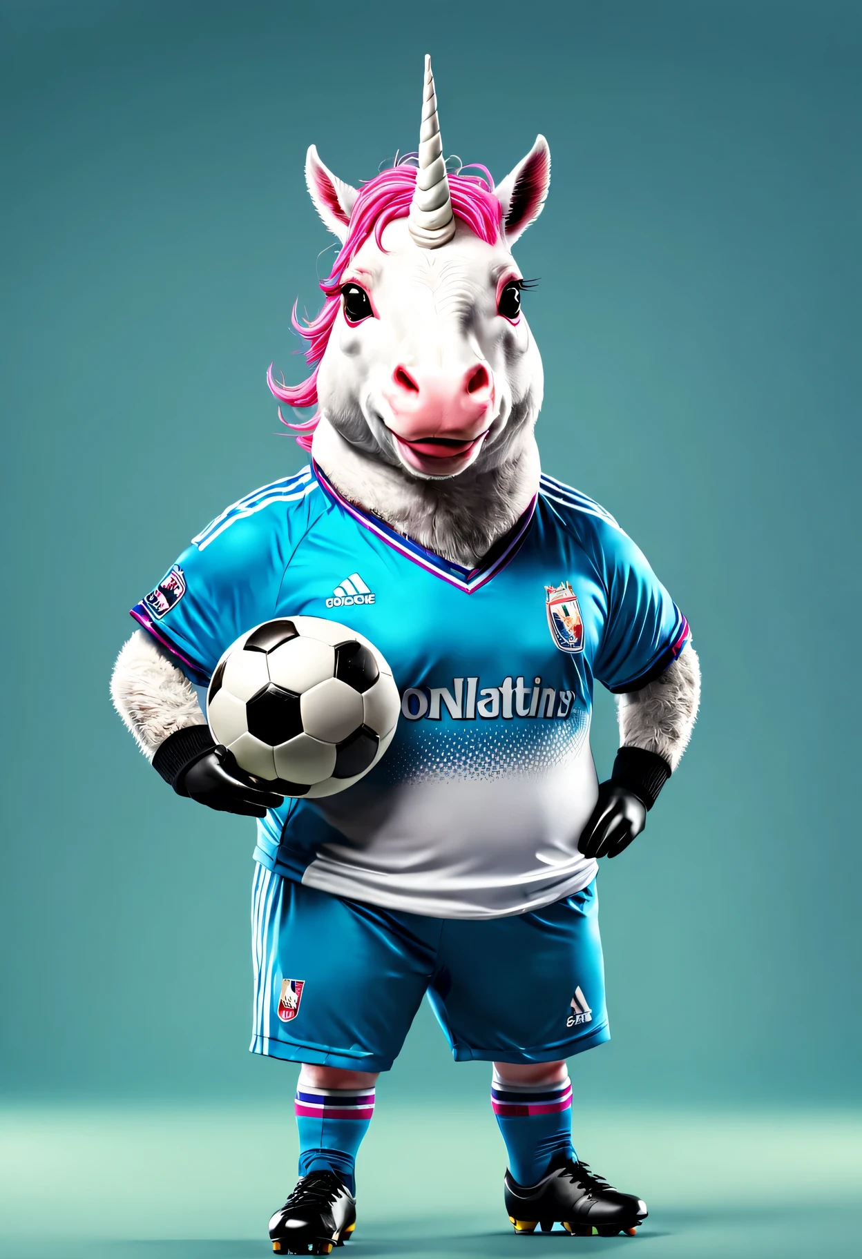 photorealistic portrait of Dressed animals - a fat unicorn soccer player,( dynamic action pose), high quality,(lovely) ,intricate details, highly detailed ((soccer uniform)) ,highly detailed, wearing sunglasses, (happy), studio lighting,(full body image:1.5)