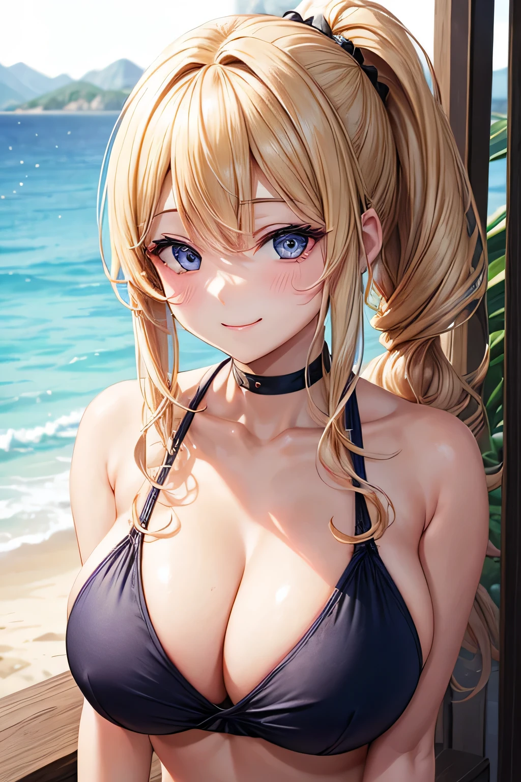 1 girl、one person、whole body、Thick bikini、Rear view、(random hairstyle:1.2)、超detailedな顔、detailed、double eyelid、(casual hairstyles、big breasts:1.2)、soft chest、blonde、smile