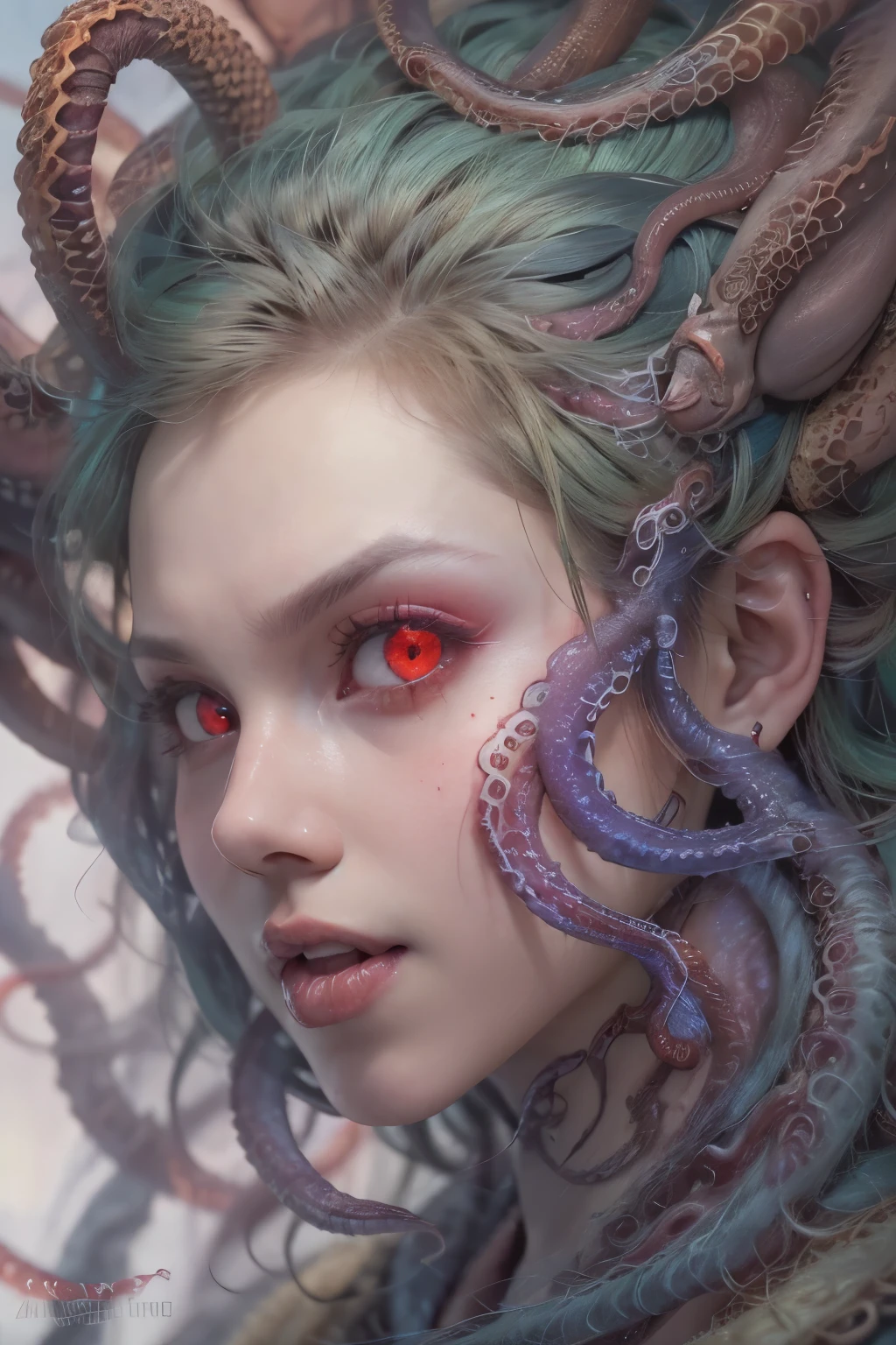 scary and sexy detailed art in color, Portrait, (beautiful and obscene female alien:1.4), (vulgarity1.5), (she has glowing red eyes with no pupils:1.8), (Translucent skin:1.7),  ((There is a female genital-like organ in the middle of the forehead:1.9)), (The most beautiful face in the history of the universe:1.2),an evil gaze that seduces, (large mouth:1.1), (sharp teeth like a vampire:1.2), Full body portrait, (bio luminescent:1.5), (Smile wickedly:1.3),  (sexypose:1.5), incredibly beautiful matured alien, (she has unparalleled beauty:1.5),  No humans, cells are fused, (Lots of translucent tentacles:1.6) extraterrestrial, cell, bio image, best quality, 8K,In 4K_quality, High freshness, Dramatic Lighting, masterpiece:1.5, cinematic quality, detail up, (exquisite details:1.2), high resolution, High freshness, drawing faithfully, (Thick eyebrows:1.2), Beautiful eyes with fine symmetry, (Highly detailed face and eyes:1.2),  (Super detailed skin quality feeling:1.1), perfect anatomy,  (Beautiful toned body:1.5),  (Moist skin:1.2), not wearing makeup, (dark circles:1.1), long canines, cinematic drawing of characters, ultra high quality model, cinematic quality, detail up, (exquisite details:1.2), high resolution, High freshness, drawing faithfully, official art, Unity 8K Wall  , 8K Portrait, best quality, Very high resolution, ultra detailed artistic photography, midnight aura,  unreal engine 5, Ultra Sharp Focus, art by Amano Yoshitaka, ArtGerm, Roisch, intricate artwork, best quality, masterpiece, ultra high resolution, (photos realistic:1.4), ultra realistic realism, dream-like, nautilus, Creation of fantasy, Dream Snail, (biopunk nautilus:1.3),Thrilling color schemes, ultra realistic realism, seductively smiling, (white tentacles with stripes:1.2), subtle emerald green accents, (expression of ecstasy:1.6) , in the dark, she has snake-like eyes