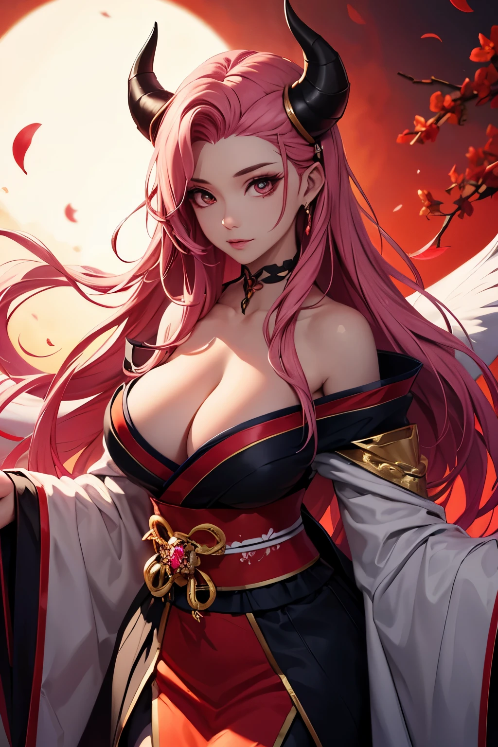 seraphine1, league of legends, pink hair, oni, demon, red demon horns, blood moon, white traditional japanese kimono, red makeup, red background, sakura flowers, japanese athsetetic, glowing effects, long hair, cleavage