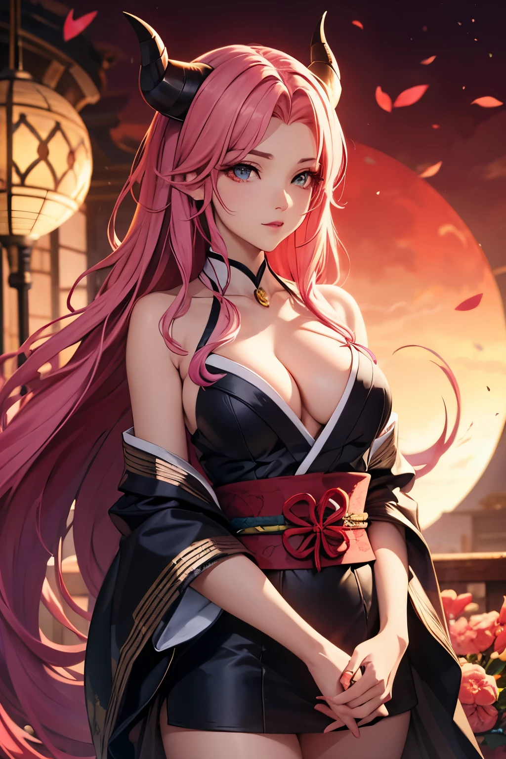 seraphine1, league of legends, pink hair, oni, demon, red demon horns, blood moon, white traditional japanese kimono, red makeup, red background, sakura flowers, japanese athsetetic, glowing effects, long hair, cleavage