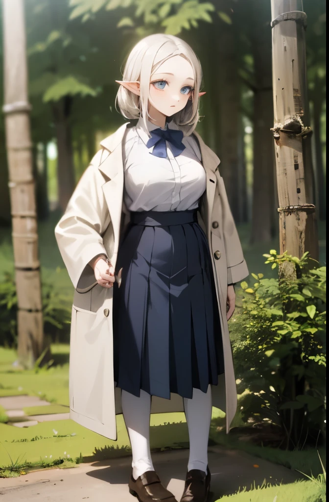 Solo, elf, small elf ears, blond-white hair, bangs covering the forehead, loose medium hair, pale skin, thin eyebrows, bright blue eyes, smart face, big breasts, overweight, white medical coat with the inscription "BNWO help", white slightly yellow shirt, women's purple bow tie, purple long skirt, japan school shoes, coniferous forest in the background