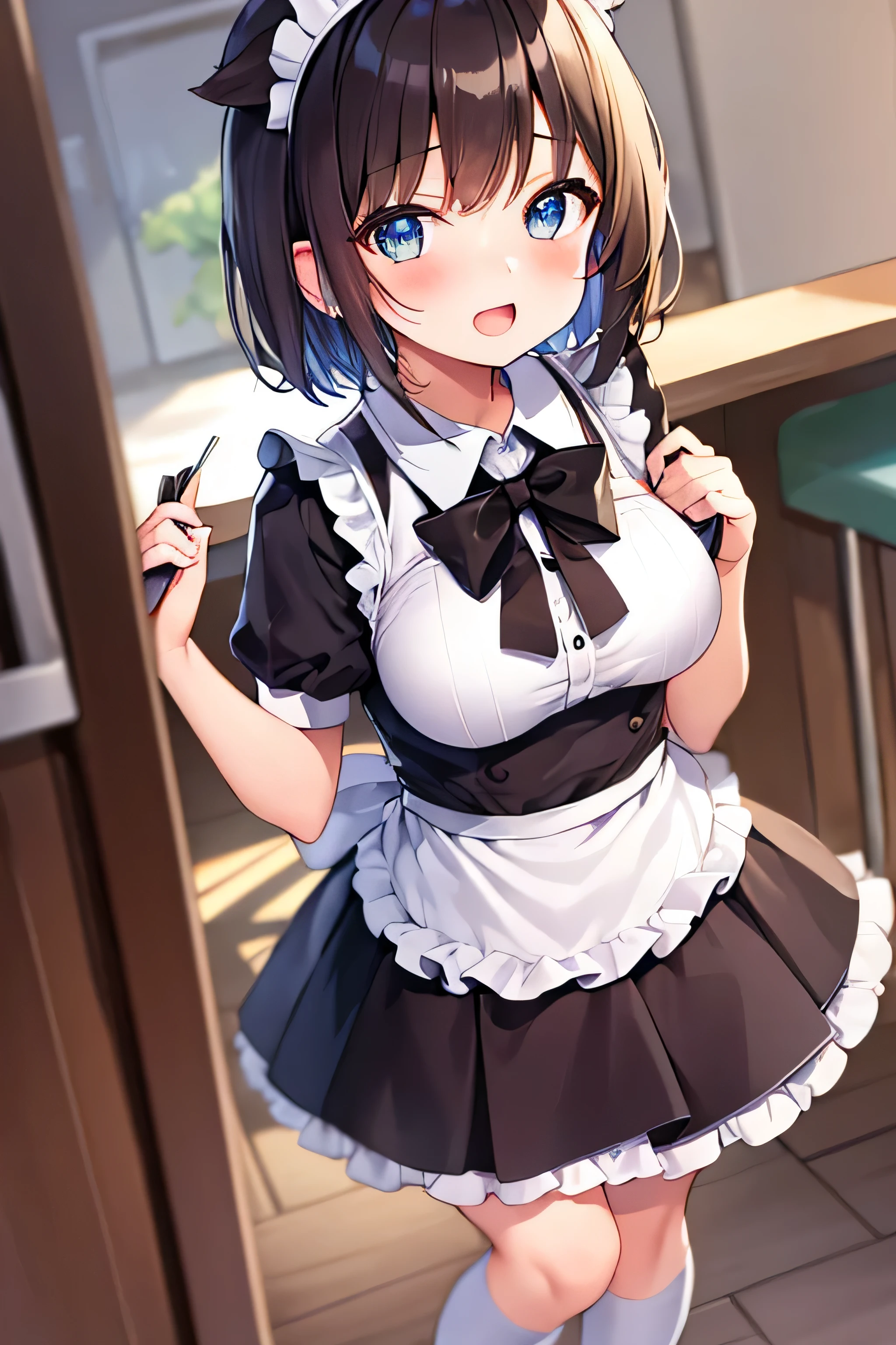 masterpiece、Highest image quality、ultra high resolution、big breasted  girl、short hair、red face、mock、Please open your mouth just a little、Short sleeve maid uniform for elementary school skirt for elementary school girls、Maid headband for elementary school girls、Striped kn elementary school girls、kitchen