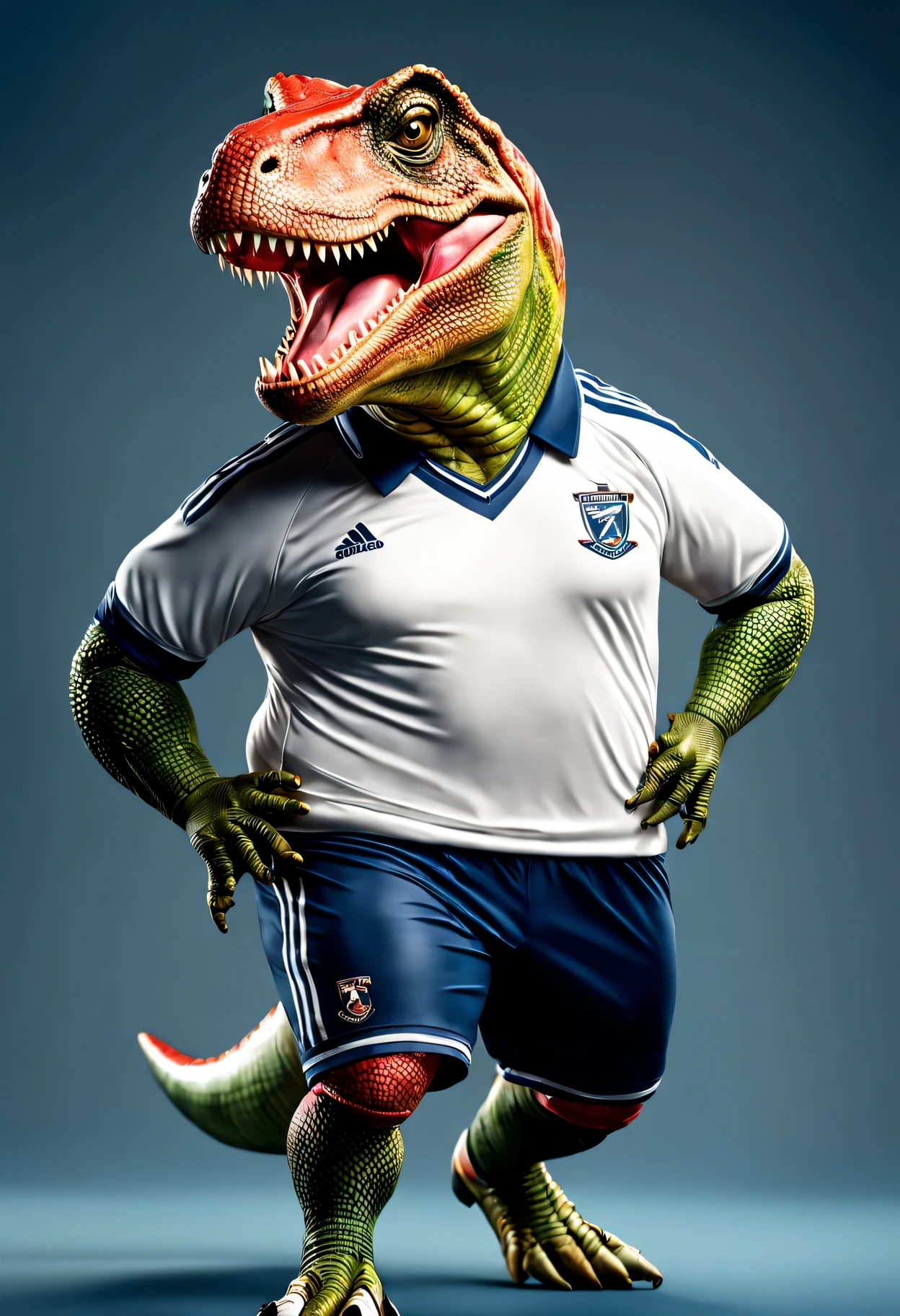 photorealistic portrait of Dressed animals - a fat t-rex soccer player,( dynamic action pose), high quality,(lovely) ,intricate details, highly detailed ((soccer uniform)) ,highly detailed long tail, wearing sunglasses, (happy), studio lighting,(full body image:1.5)