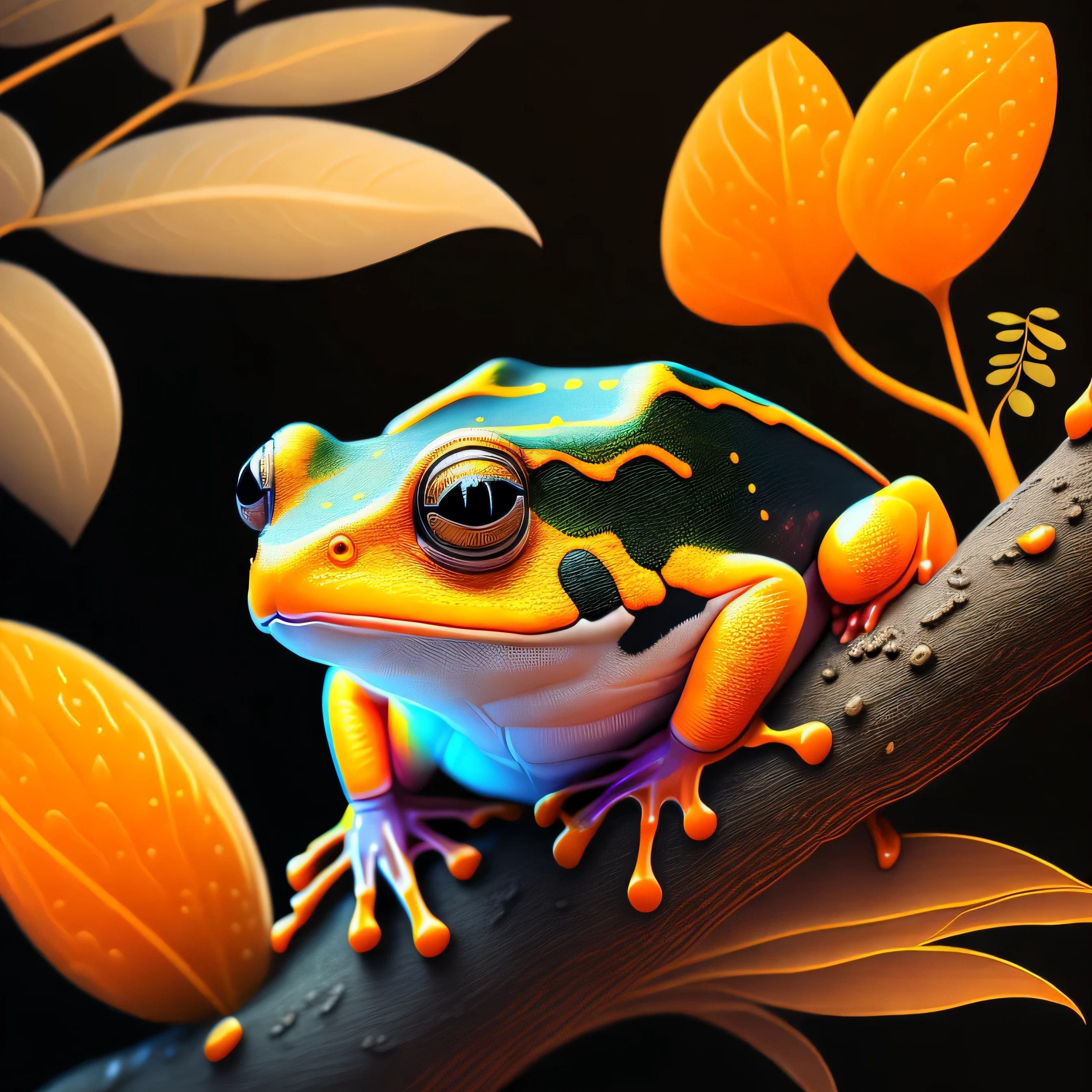 intricate and colorful, (digital painting:1.2) orange tree frog, bright neon skin, wet, portrait, concept art, octane render, trending on artstation, neon-noir background, iolibt, vfx, Blender and Photoshop, octane render, excellent composition, cinematic atmosphere, dynamic dramatic cinematic lighting, aesthetic, very inspirational, arthouse,(dark plain black background:1.4))