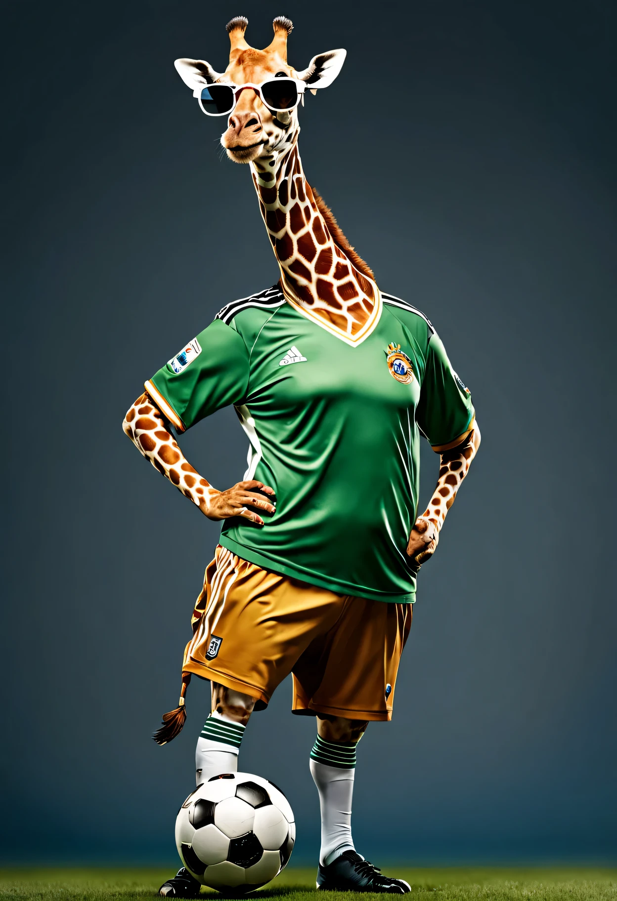 photorealistic portrait of Dressed animals - a fat giraffe soccer player,( dynamic action pose), high quality,(lovely) ,intricate details, highly detailed ((soccer uniform)) ,highly detailed long tail, wearing sunglasses, (happy), studio lighting,(full body image:1.5)