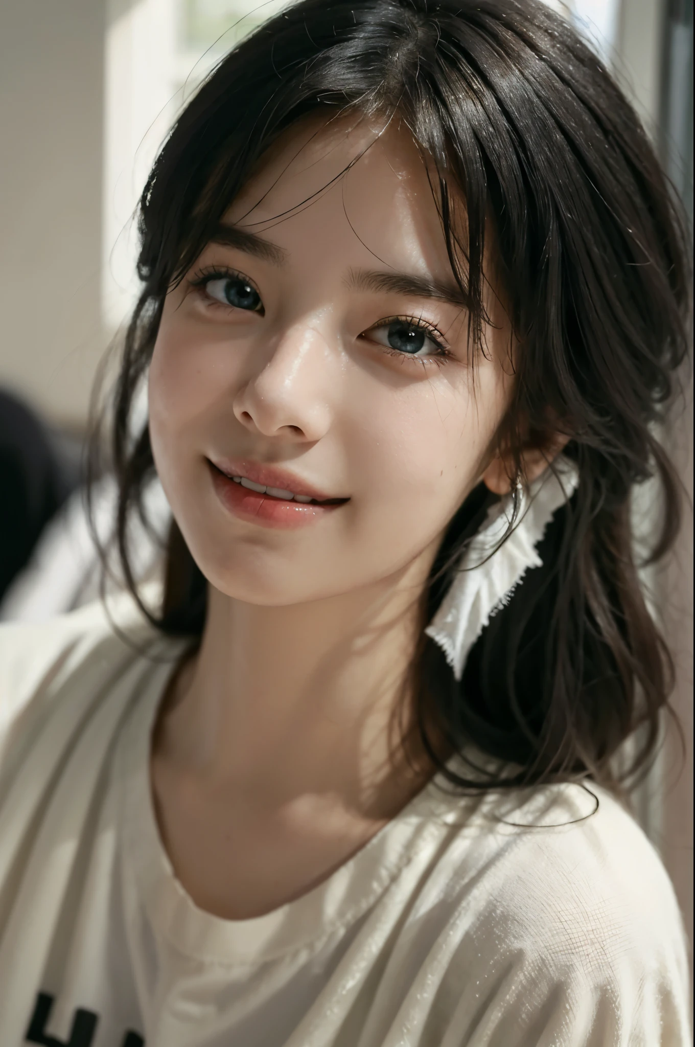(best quality,4K,high resolution,masterpiece:1.4),Super detailed,Very detailed,sharp focus,surreal:1.4,professional, human development report,ultra high definition,bright colors,Bokeh,Beautiful and delicate eyes,Beautiful and delicate lips,long eyelashes,romantic atmosphere,soft light,Contrast light and shadow, Lighting effects,Lively and youthful,high nose bridge,black hair,girl,smiling,Lovely,Tight T-shirt,street,亚洲girl