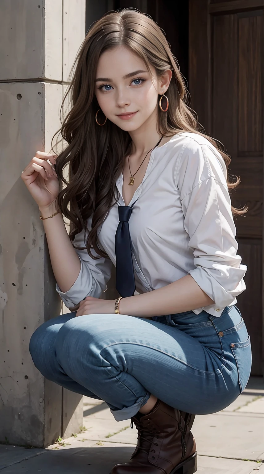22 year old white female、Hair color is brunette、blue eyes、long hair、The ends of the hair are wavy、setting hair、accessories on wrist、wearing a necklace、has earrings、skin is smooth、Slender but muscular body、smile、wearing a tie front shirt、wearing skinny jeans、smile、I'm wearing short boots、squatting with your back against the wall