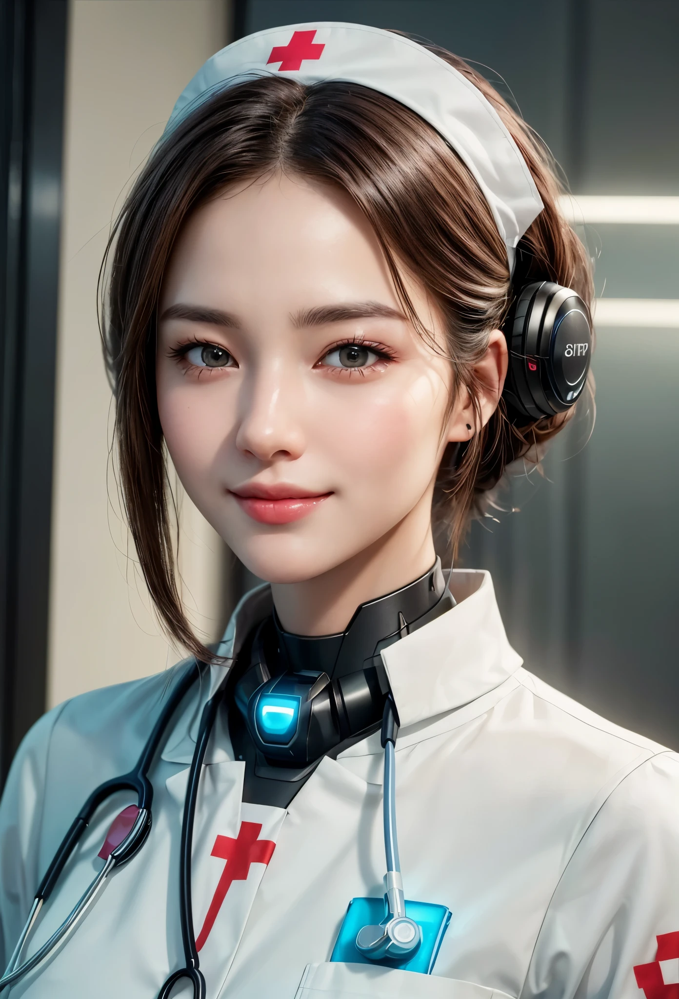 《The role of artificial intelligence》。（（（Virtual character design：heart doctor。Miss，20 years old，white short hair，Exquisite facial features，beautiful make up，Skin details，Smile，waist，elegant posture）））。（（White nurse's uniform））。((Super realistic details)), Red glowing heart decoration，illumination, light and shadow, octane rendering, 8k, super sharp,complicated, Accessory details,atmosphere