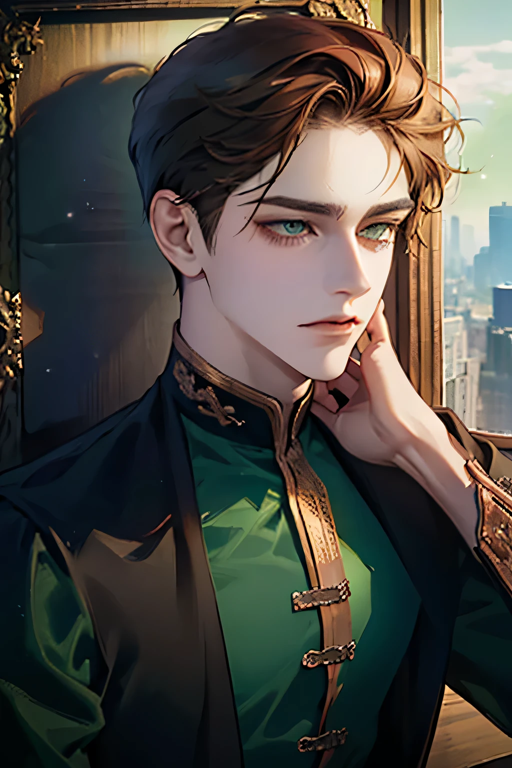 young guy, Brown hair, green eyes, ((Perfect eyes)), shirt, evil look, closed posture