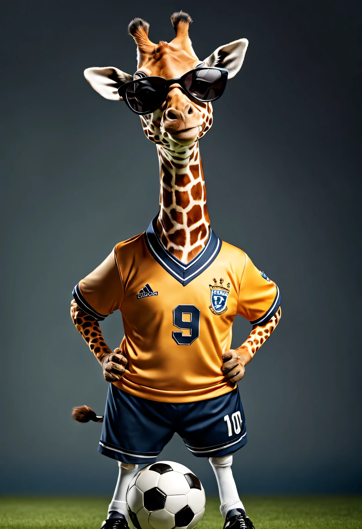 photorealistic portrait of Dressed animals - a fat baby giraffe soccer player,( dynamic action pose), high quality,(lovely) ,intricate details, highly detailed ((soccer uniform)) ,highly detailed long tail, wearing sports sunglasses, (happy), studio lighting,(full body image:1.5