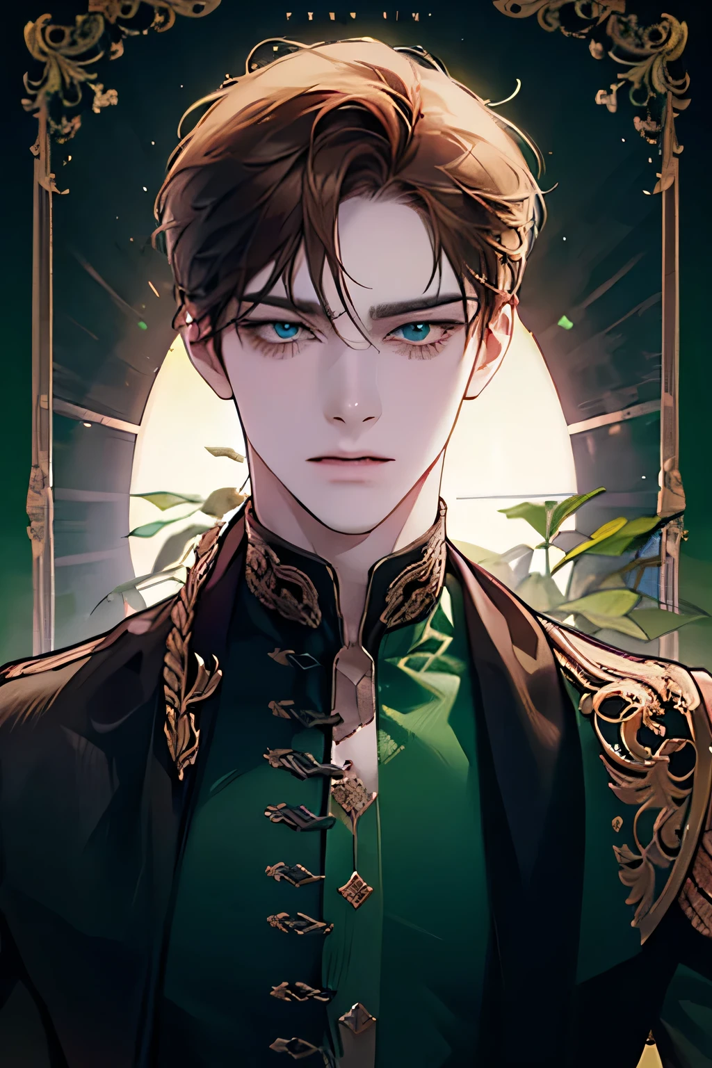 young guy, Brown hair, green eyes, ((Perfect eyes)), shirt, evil look, closed posture