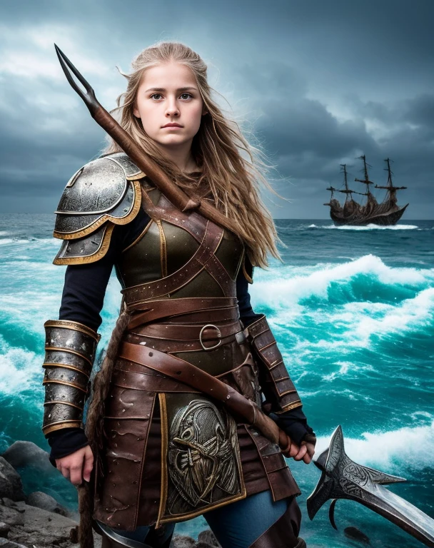Chica vikinga, Vista feroz ,Hacha de batalla en mano derecha, 17 year old Russian girl, cabello rubio arrugado y despeinado, en la orilla del agua ,Against the backdrop of the cold sea and the longship., Vestido con armadura vikinga,Apariencia de combate,pintura de guerra,