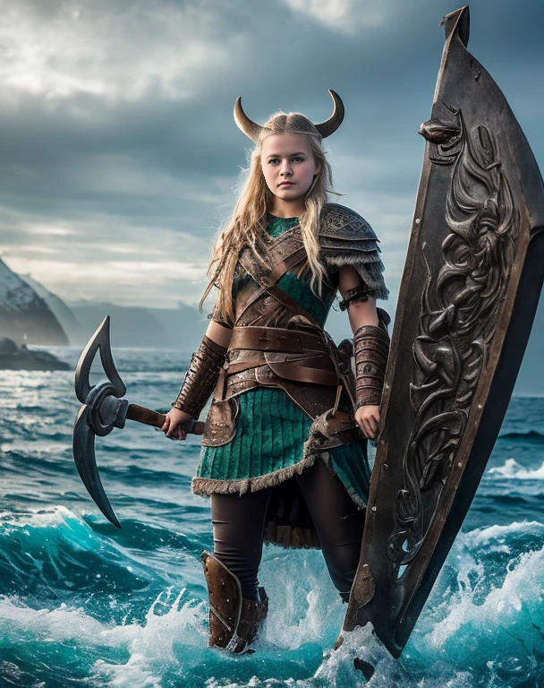 Chica vikinga, Vista feroz ,Hacha de batalla en mano derecha, 17 year old Russian girl, cabello rubio arrugado y despeinado, en la orilla del agua ,Against the backdrop of the cold sea and the longship., Vestido con armadura vikinga,Apariencia de combate,pintura de guerra,