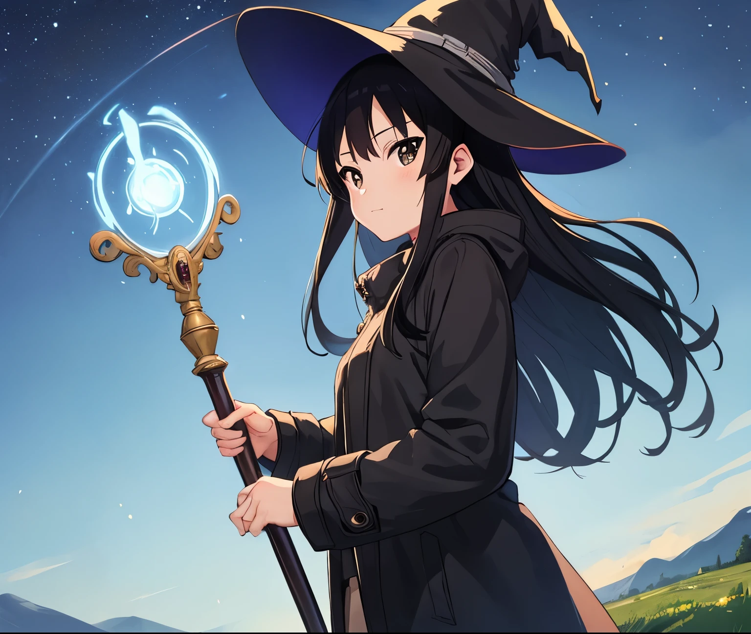 ((masterpiece)), (high details), (high quality), (best quality), (highres),eyes detail,1 girl, anime moe artstyle, anime best girl, in the anime film, K-On!,Akiyama Mio, black hair ,long hair, (grey eyes), ((holding staff)), (magician witch),((wear black coat)),hat,anime countryside landscape background,beautiful anime scenery,galaxy sky,(evening time),cowboy shot, from below, Nikon filter