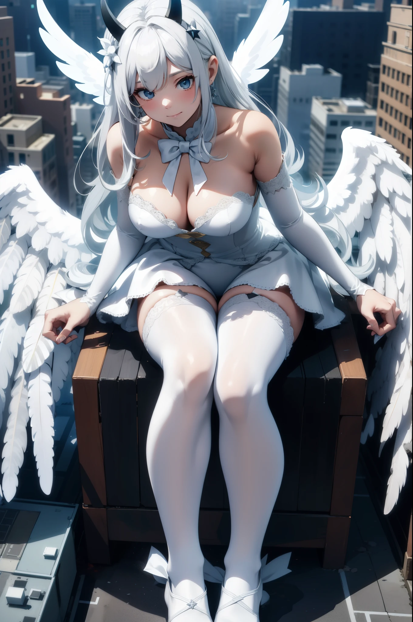 Aerial View,giant girl 50,000 feet high,Weight 1000kg,Has a pair of huge white angel wings,With huge devil horns on his head,A white crown on the head,Wearing white earrings,She has long white hair that reaches her feet,loose hair,White wavy long curly hair,Wearing a pair of white boots,White lace gloves,White lace pantyhose,Pantyhose with bow and star decorations,白色蕾丝whole body,Standing upright on a small city,Beautiful appearance,Exquisite makeup,quality,8k,高quality,Perfect proportion, Cinema lighting,film grain,Fuji colors,8k,textured skin,Super details,high detail,high resolution,fake smile,blood stains,脚底有blood stains,whole body,Obese,feather,Squatting