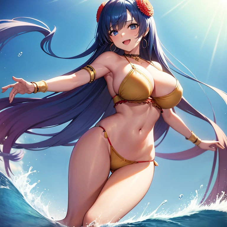 masterpiece, high resolution, best quality, 1 woman, solo, wearing a Mata Hari outfit, big breasted, cleavage, sexy arabian dancer, skimpy blue bikini, long blue hair, blue eyes, blue outfit, throwing a strong kick at the viewer, water attack, combat scene, smiling proudly, beach environment
