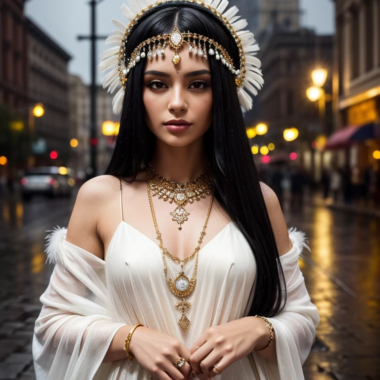 A woman with long black hair and an elaborate headdress adorned with jewels and feathers. She wears a white dress and many necklaces, one of which is a gold and diamond pendant. The image is set in the rain with street lights in the background.