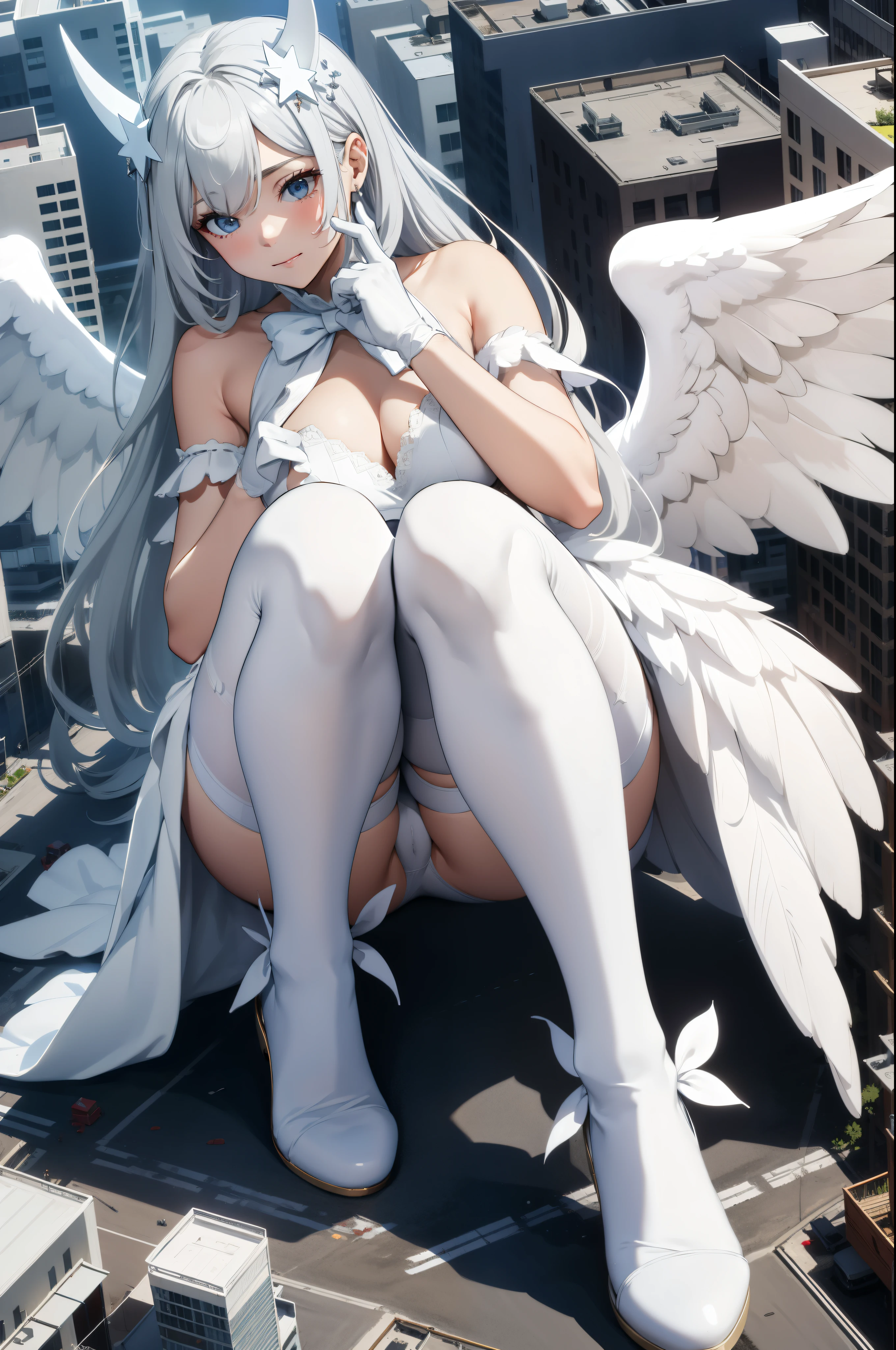 Aerial View,giant girl 50,000 feet high,Weight 1000kg,Has a pair of huge white angel wings,With huge devil horns on his head,Wearing a white crown on her head,Wearing white earrings,She has white hair that reaches her feet,loose hair,Long white wavy hair,Wearing a pair of white boots on her feet,White lace gloves,White lace pantyhose,Bow and star embellished tights,白色蕾丝whole body,Standing tall above the small town,Beautiful appearance,Exquisite makeup,quality,8k,高quality,Perfect proportion, Cinema lighting,film grain,Fuji colors,8k,textured skin,Super details,high detail,high resolution,fake smile,blood stains,脚底有blood stains,whole body,fat,feather,Squatting