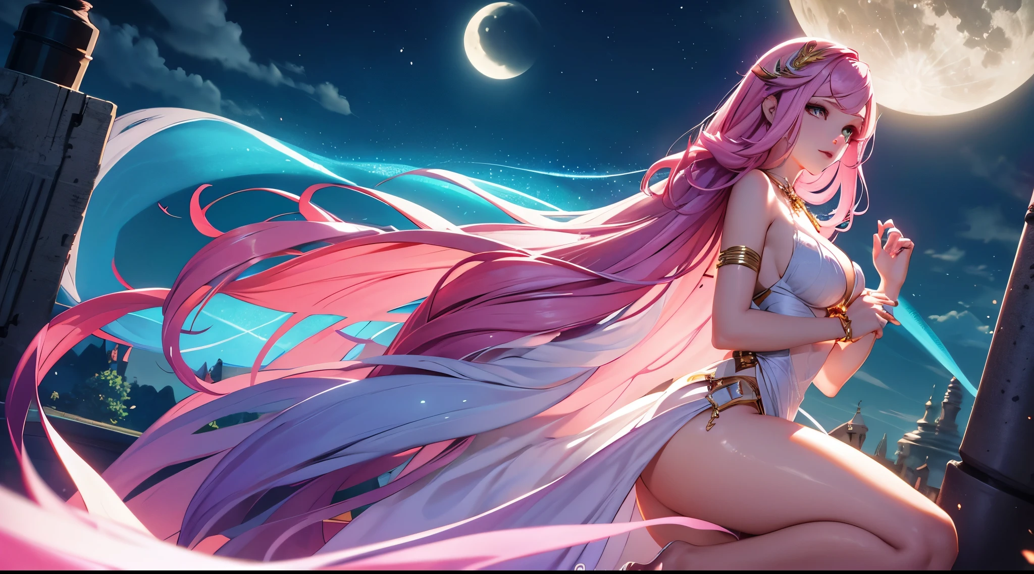 seraphine1, league of legends, pink hair, glowing effects, long hair, cleavage, long white flowing dress, moon in the background, floating in the air, praying