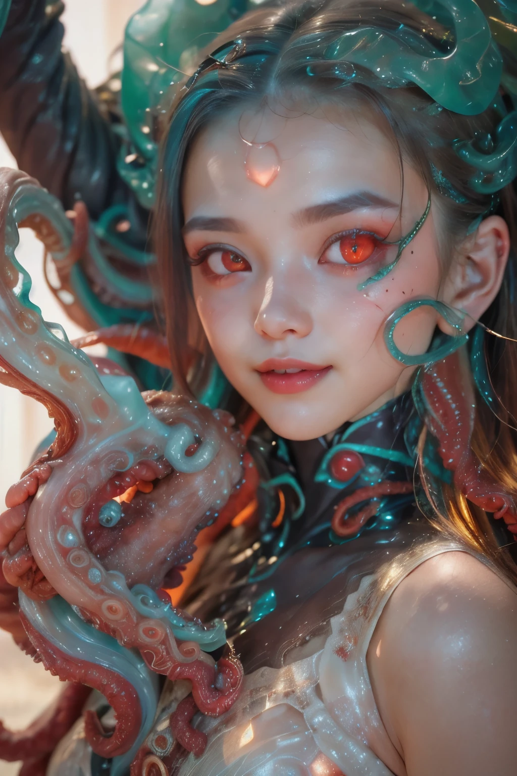 scary and sexy detailed art in color, Portrait, (beautiful and obscene female alien:1.4), (vulgarity1.5), (she has glowing red eyes with no pupils:1.8), (Translucent skin:1.7), ((There is a female genital-like organ in the middle of the forehead:1.9)), (The most beautiful face in the history of the universe:1.2),an evil gaze that seduces, (large mouth:1.1), (sharp teeth like a vampire:1.2), Full body portrait, (bio luminescent:1.5), (Smile wickedly:1.3), (sexypose:1.5), incredibly beautiful matured alien, (she has unparalleled beauty:1.5), No humans, cells are fused, (Lots of translucent tentacles:1.6) extraterrestrial, cell, bio image, best quality, 8K,In 4K_quality, High freshness, Dramatic Lighting, masterpiece:1.5, cinematic quality, detail up, (exquisite details:1.2), high resolution, High freshness, drawing faithfully, (Thick eyebrows:1.2), Beautiful eyes with fine symmetry, (Highly detailed face and eyes:1.2), (Super detailed skin quality feeling:1.1), perfect anatomy, (Beautiful toned body:1.5), (Moist skin:1.2), not wearing makeup, (dark circles:1.1), long canines, cinematic drawing of characters, ultra high quality model, cinematic quality, detail up, (exquisite details:1.2), high resolution, High freshness, drawing faithfully, official art, Unity 8K Wall , 8K Portrait, best quality, Very high resolution, ultra detailed artistic photography, midnight aura, unreal engine 5, Ultra Sharp Focus, art by Amano Yoshitaka, ArtGerm, Roisch, intricate artwork, best quality, masterpiece, ultra high resolution, (photos realistic:1.4), ultra realistic realism, dream-like, nautilus, Creation of fantasy, Dream Snail, (biopunk nautilus:1.3),Thrilling color schemes, ultra realistic realism, seductively smiling, (white tentacles with stripes:1.2), subtle emerald green accents, (expression of ecstasy:1.6) , in the dark, she has snake-like eyes