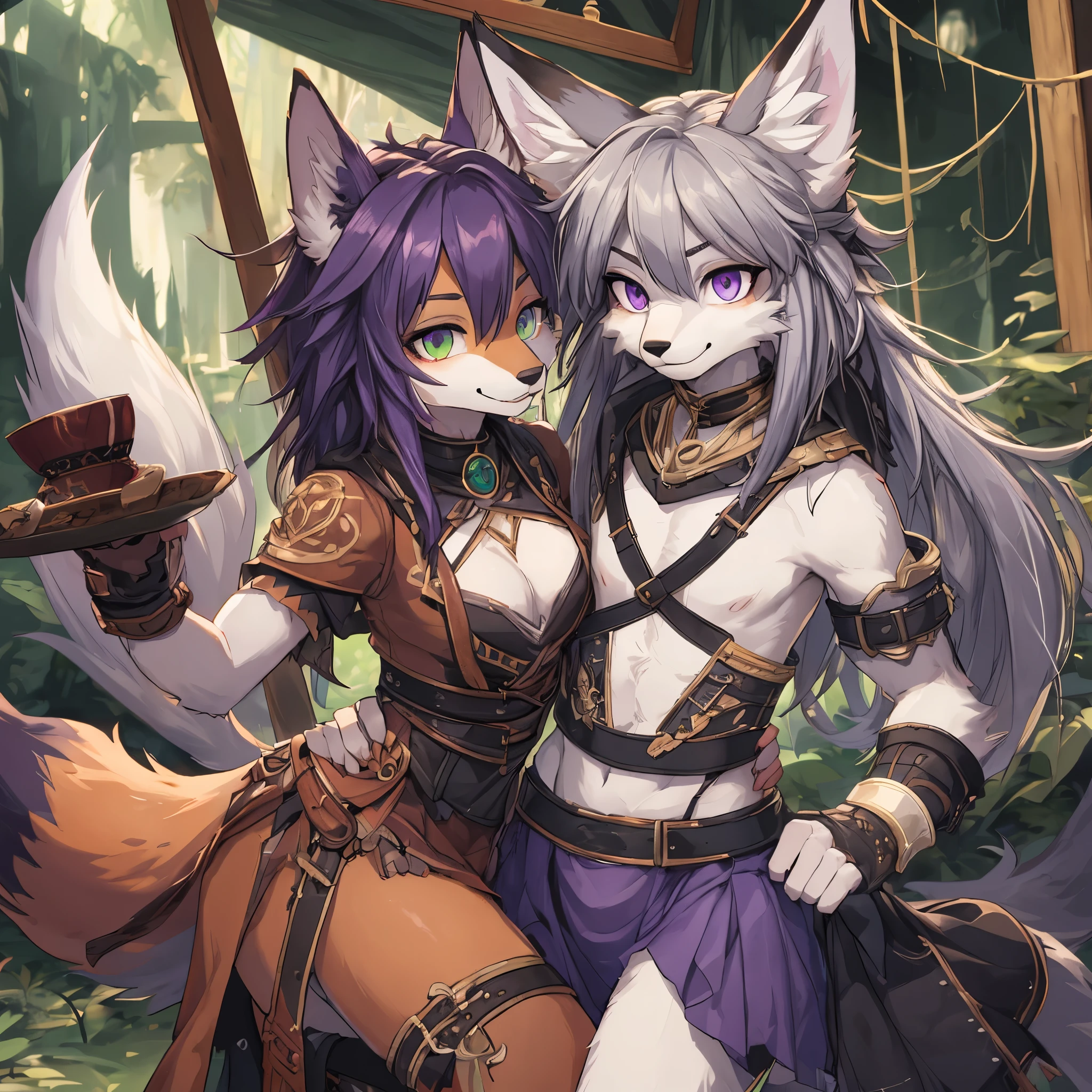 (Furry wolf boy), (Furry Fox girl), (wolf boy white fur), (fox girl purple fur), wolf boy dark green hair, fox girl dark purple hair, (wolf boy green eyes), fox girl purple eyes, emo boy, emo girl smile, highly detailed, (masterpiece:1.3),(best quality:1.4), (extreme detailed illustration), good anatomy, (detailed CG), (duo), 2 arms, 2 legs, 1 head, anthro, sfw